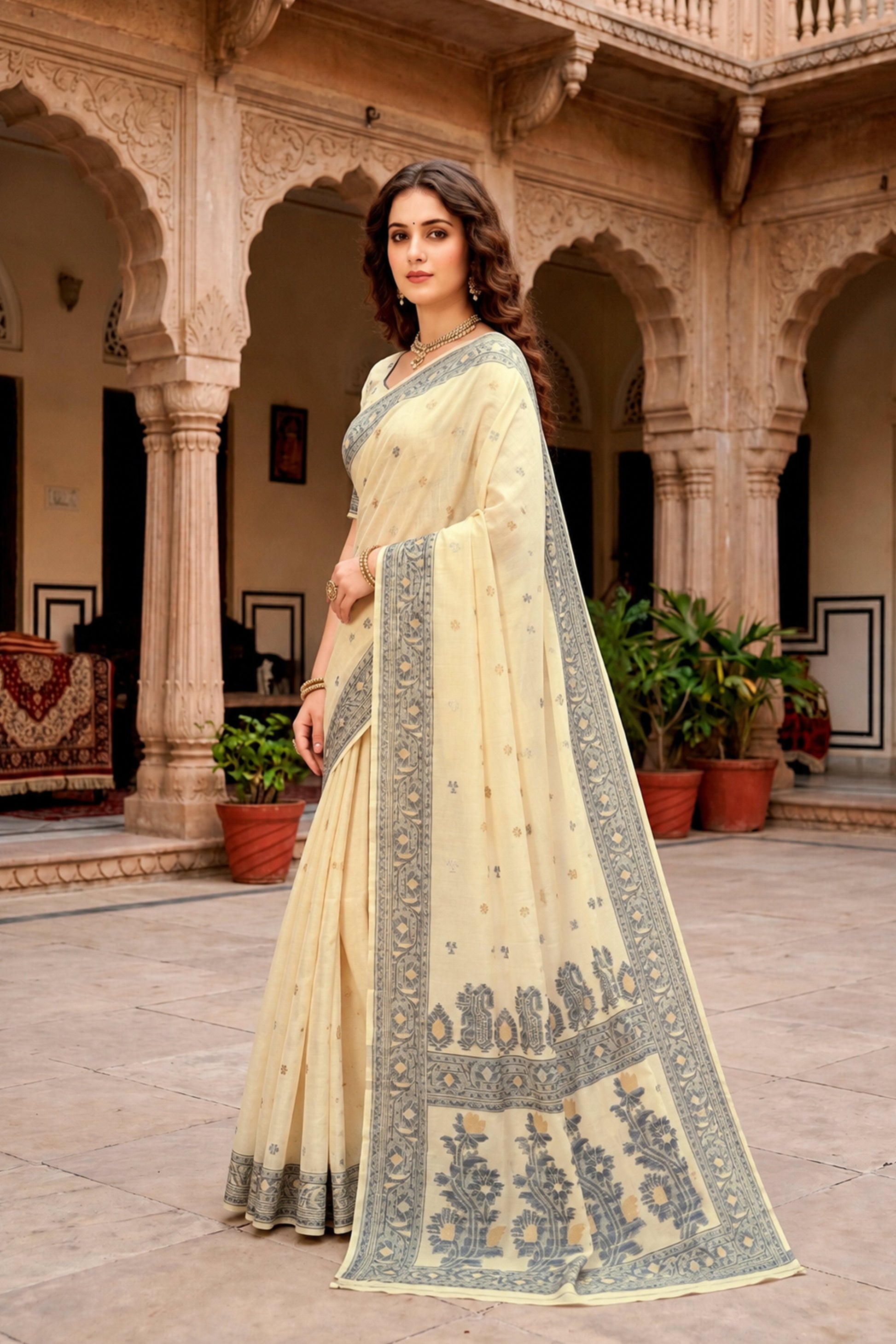 Sangam Prints Light Yellow Cotton Blend Woven Work Traditional Saree