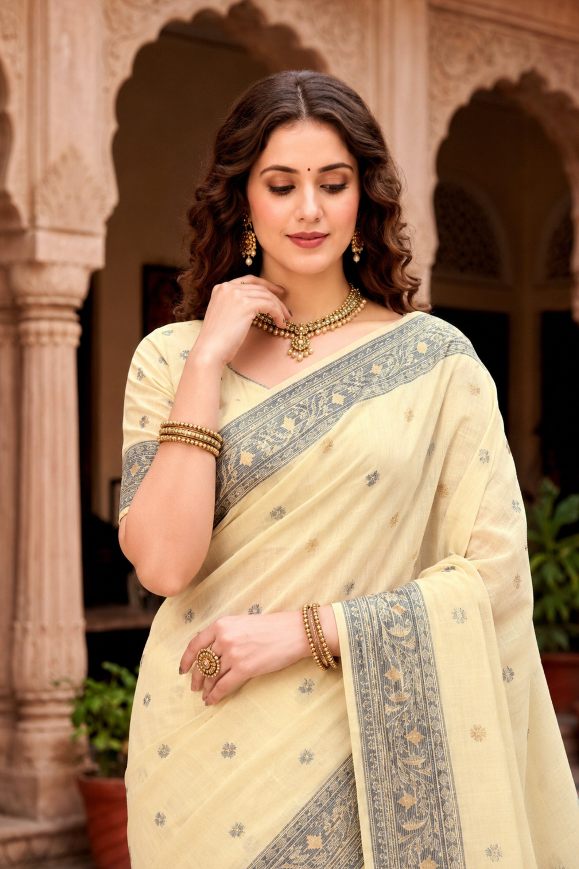 Sangam Prints Light Yellow Cotton Blend Woven Work Traditional Saree