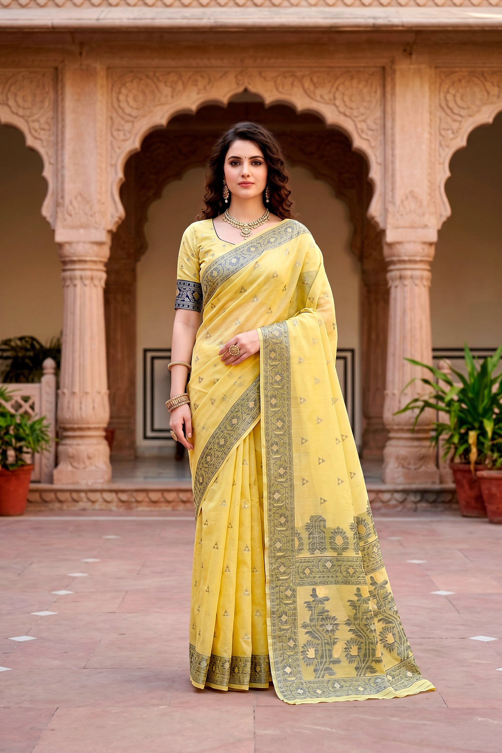 Sangam Prints Yellow Cotton Blend Woven Work Traditional Saree