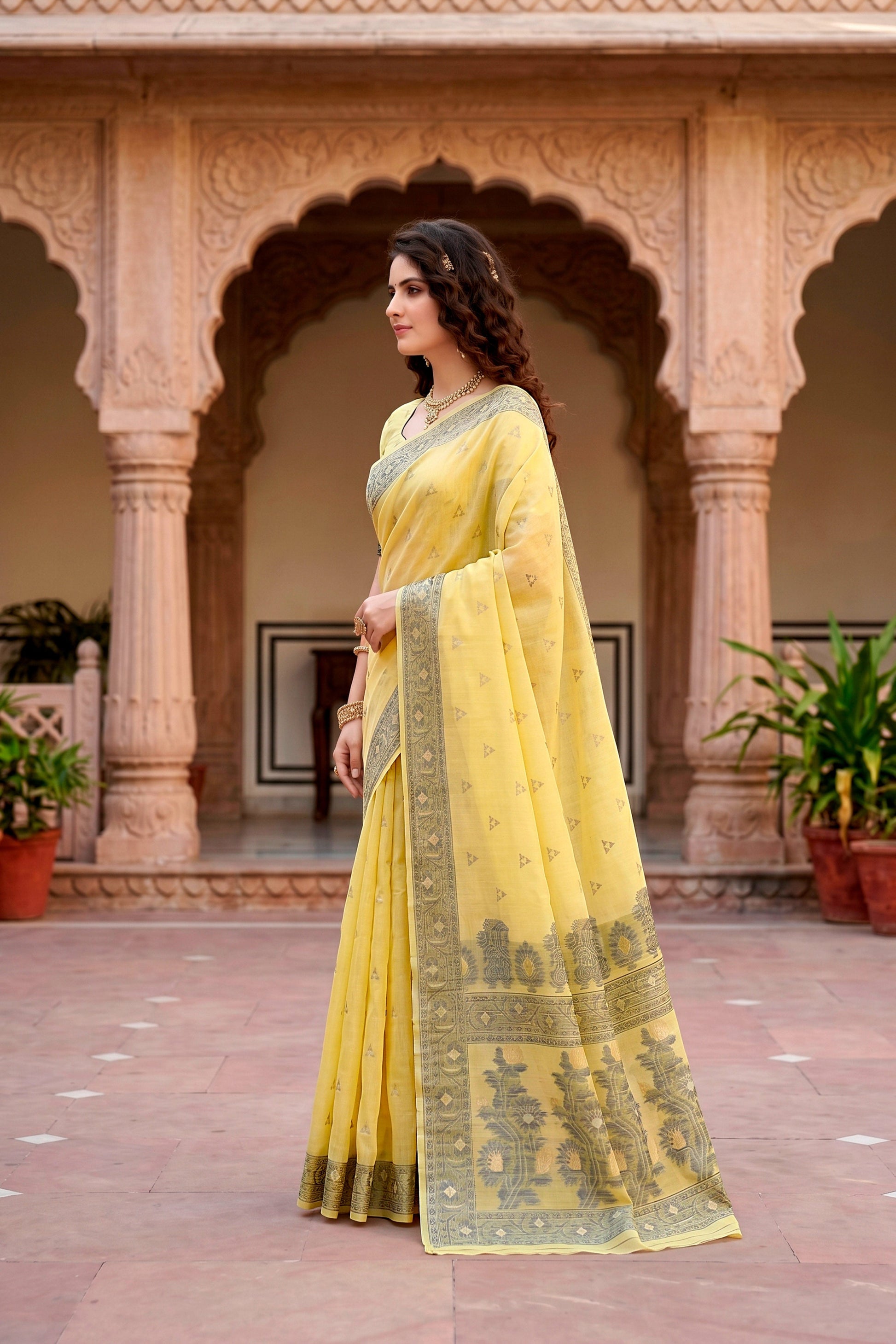 Sangam Prints Yellow Cotton Blend Woven Work Traditional Saree