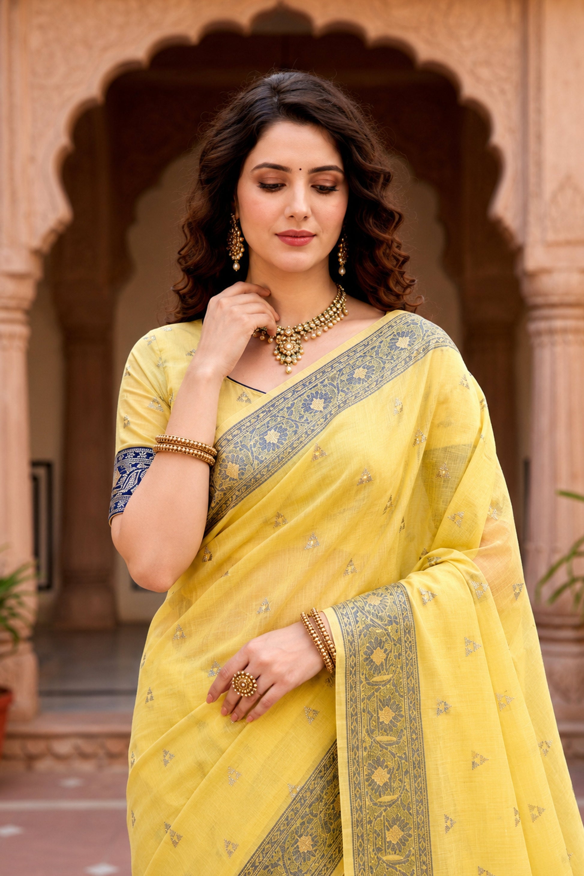 Sangam Prints Yellow Cotton Blend Woven Work Traditional Saree