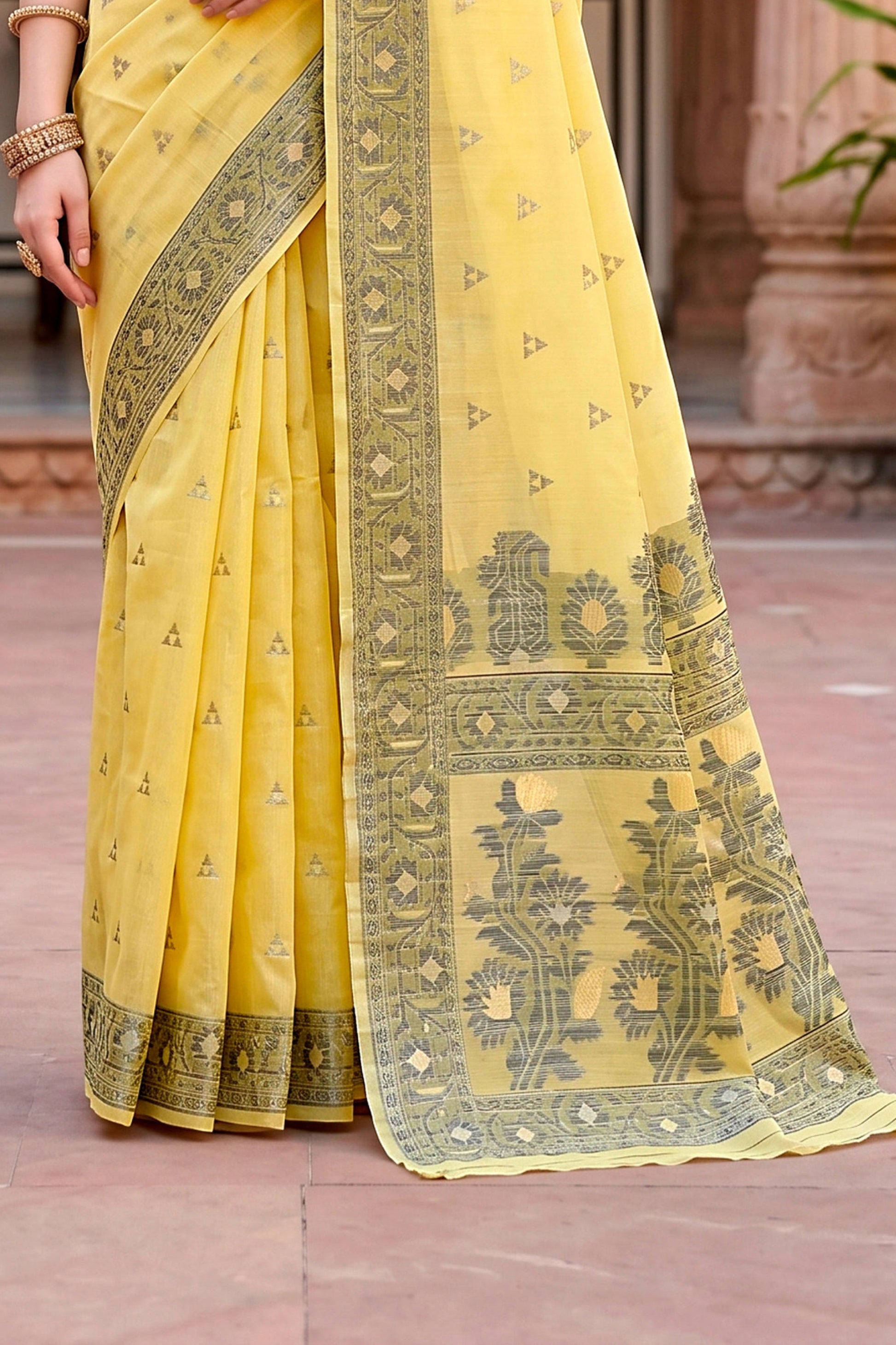 Sangam Prints Yellow Cotton Blend Woven Work Traditional Saree