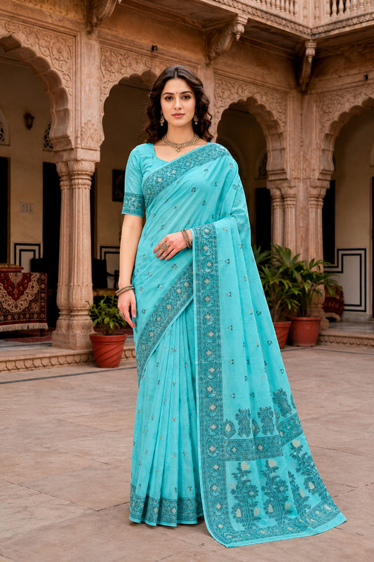 Sangam Prints Teal Blue Cotton Blend Woven Work Traditional Saree