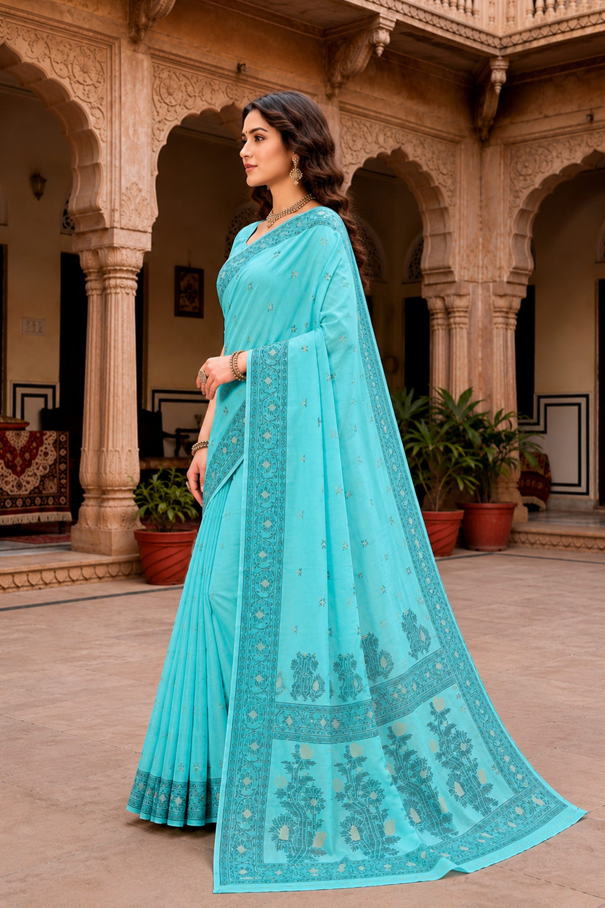 Sangam Prints Teal Blue Cotton Blend Woven Work Traditional Saree