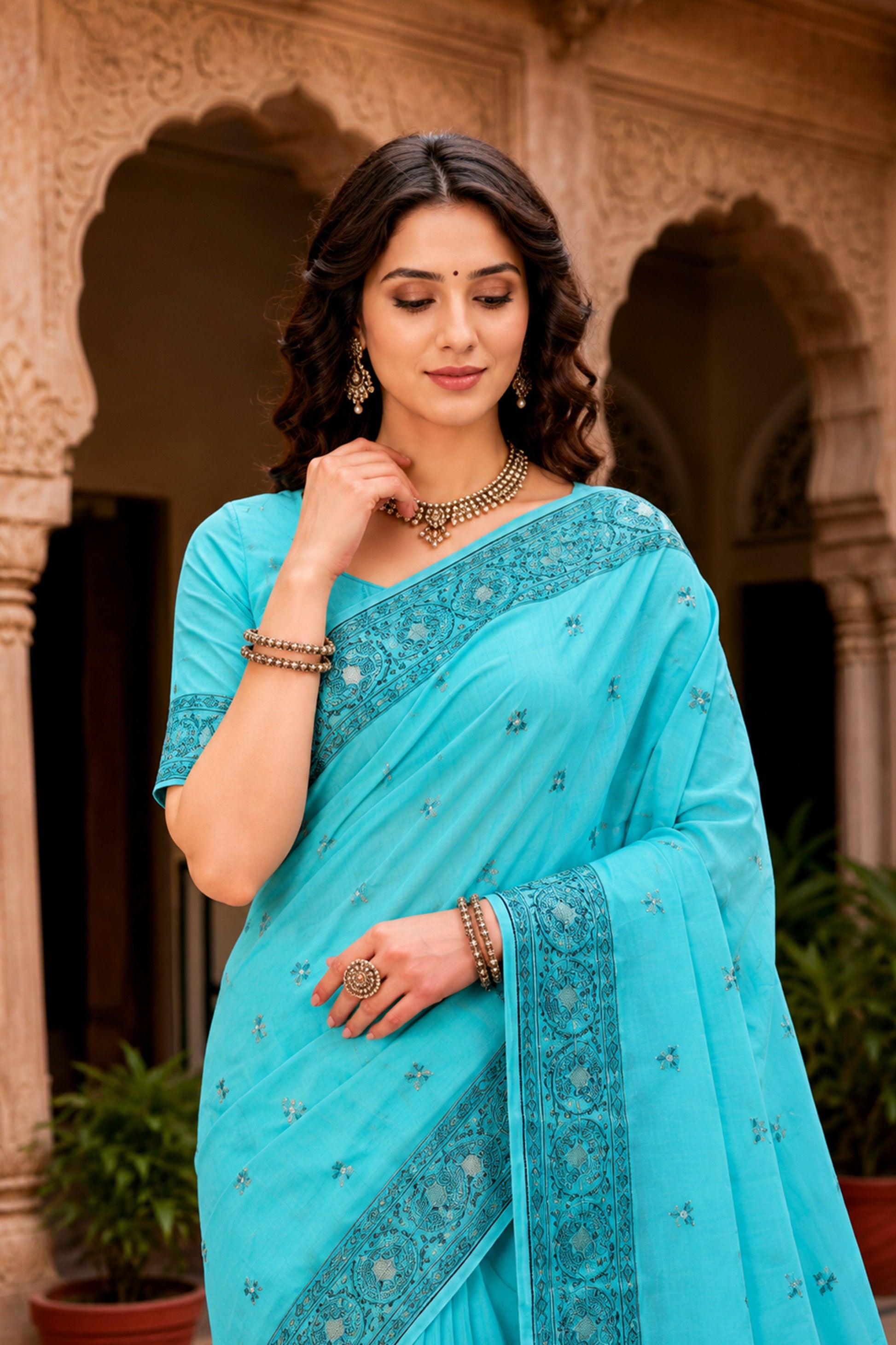 Sangam Prints Teal Blue Cotton Blend Woven Work Traditional Saree