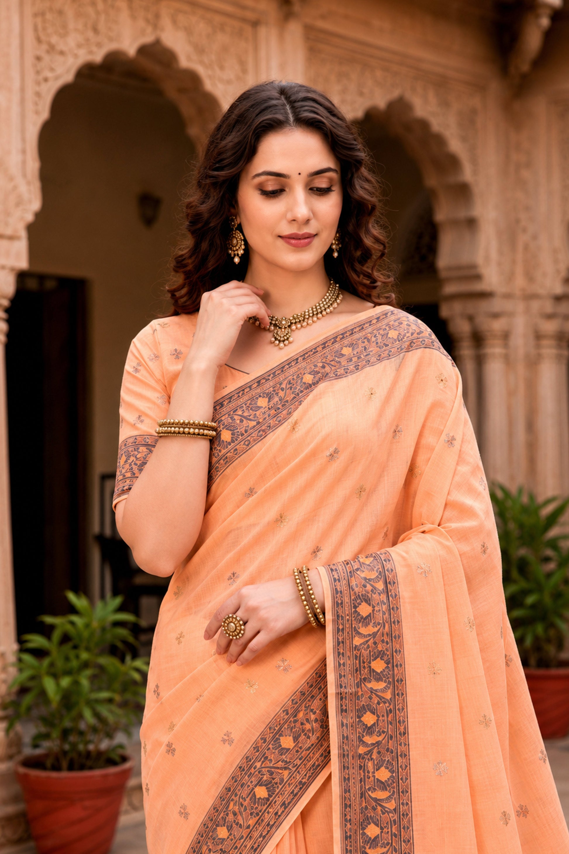 Sangam Prints Peach Cotton Blend Woven Work Traditional Saree
