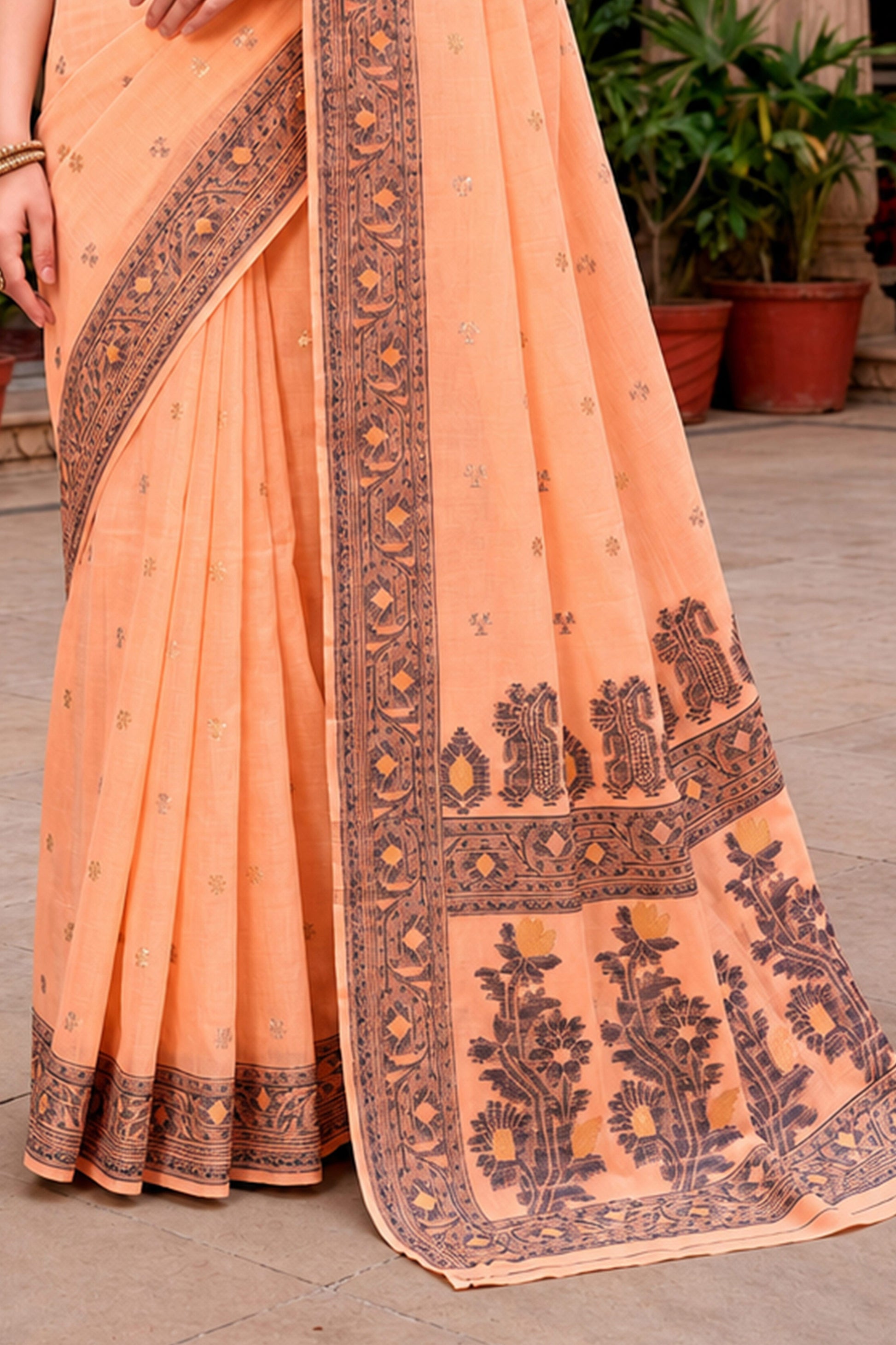 Sangam Prints Peach Cotton Blend Woven Work Traditional Saree