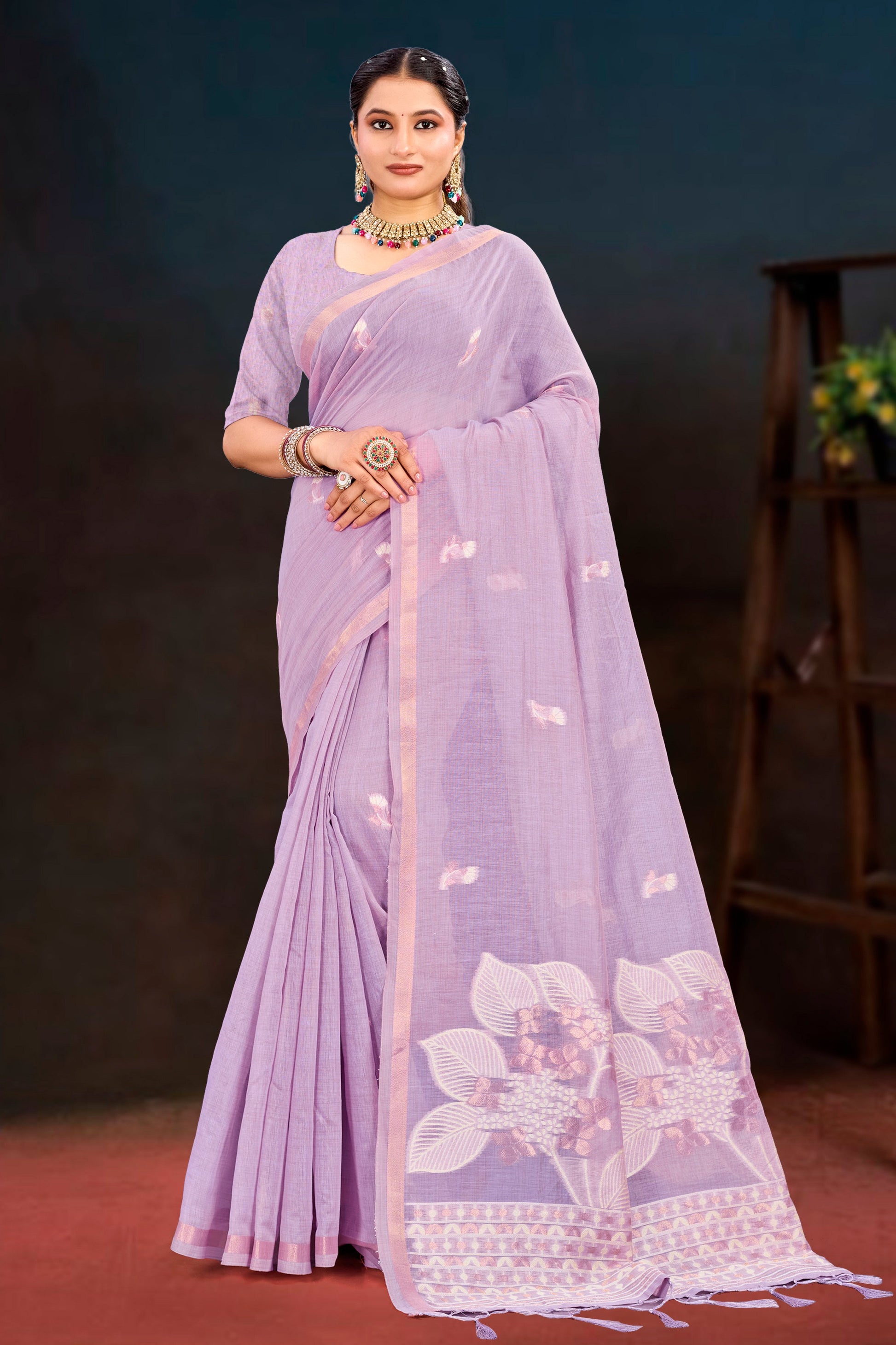 Sangam Prints Lavender Cotton Blend Woven Work Traditional Saree
