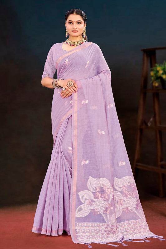 Sangam Prints Lavender Cotton Blend Woven Work Traditional Saree