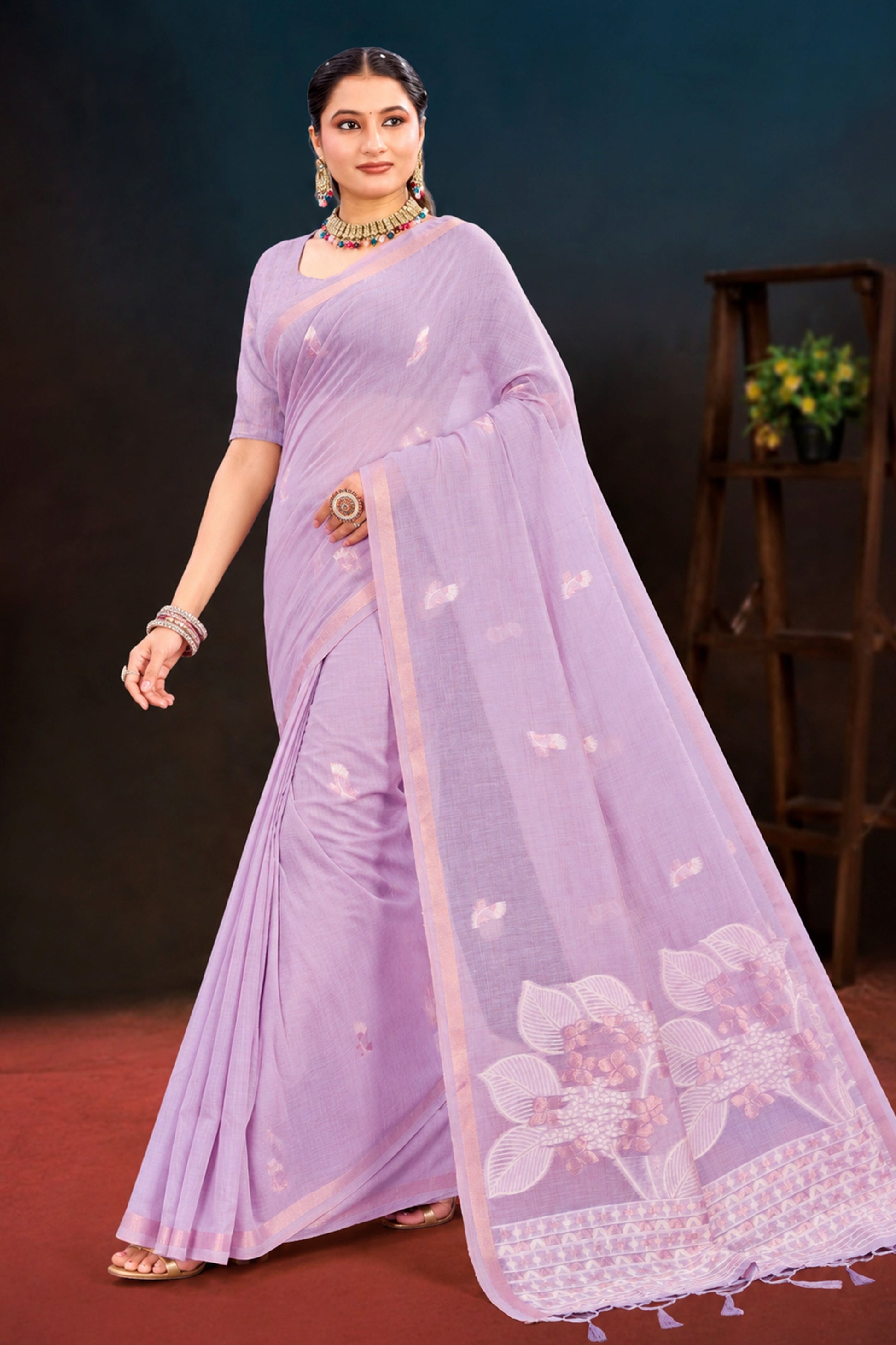 Sangam Prints Lavender Cotton Blend Woven Work Traditional Saree