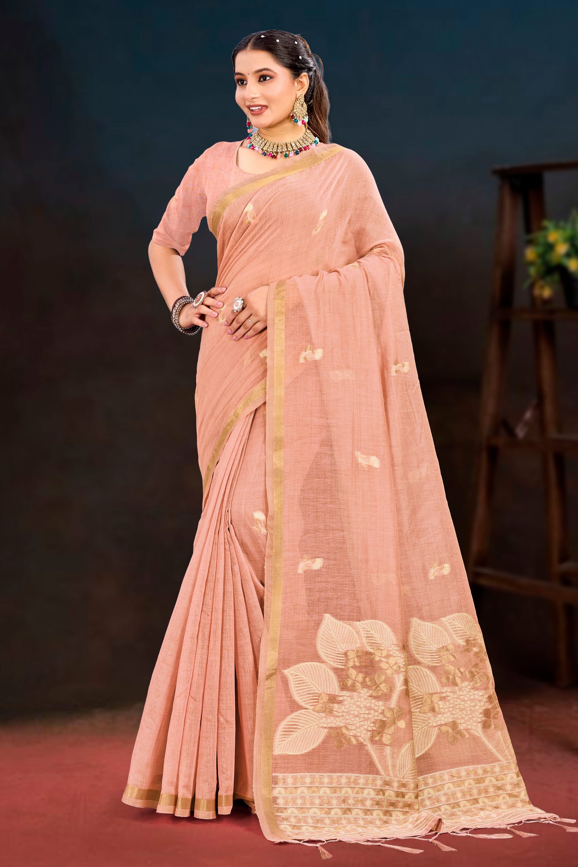Sangam Prints Peach Cotton Blend Woven Work Traditional Saree