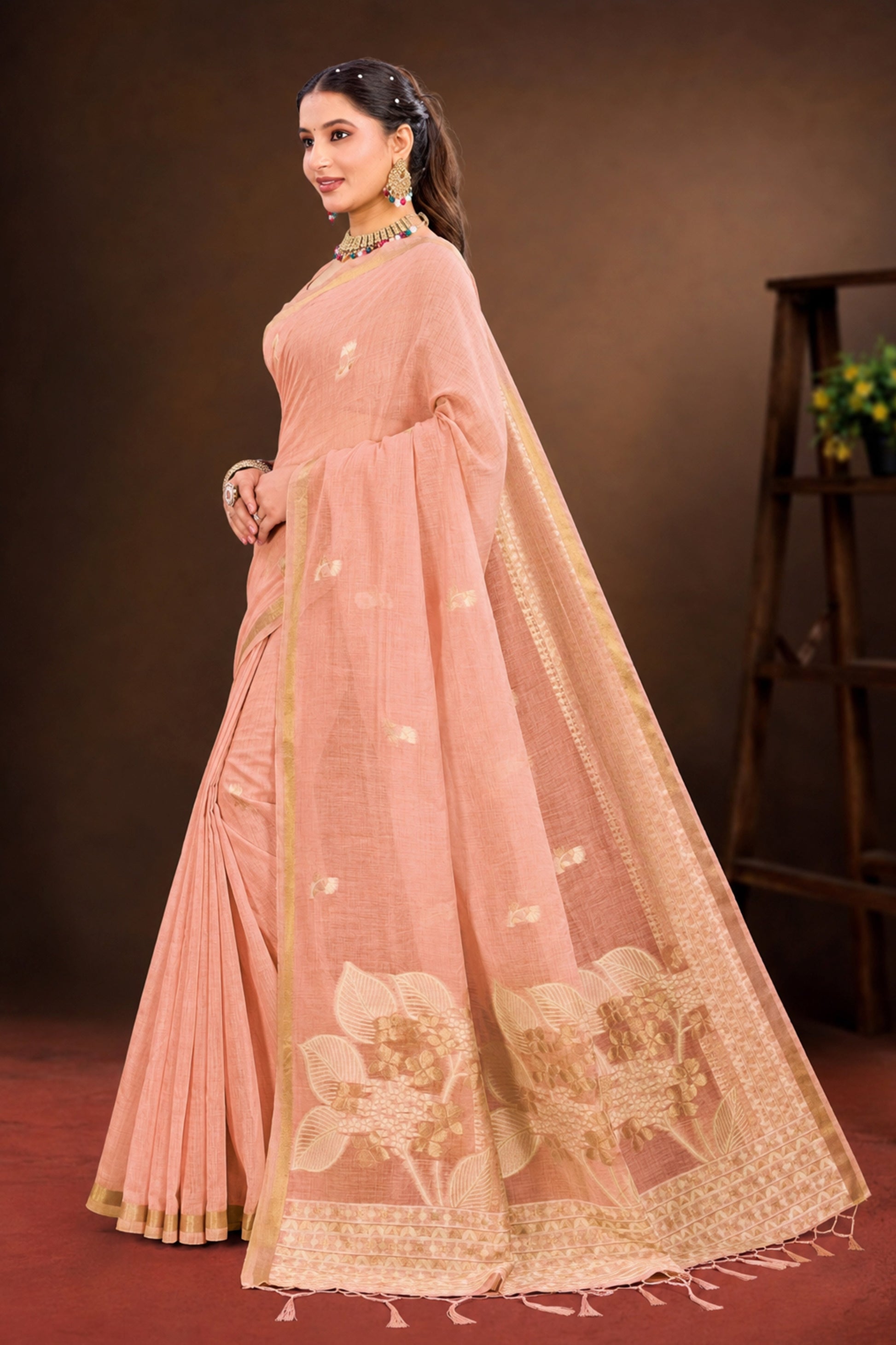 Sangam Prints Peach Cotton Blend Woven Work Traditional Saree