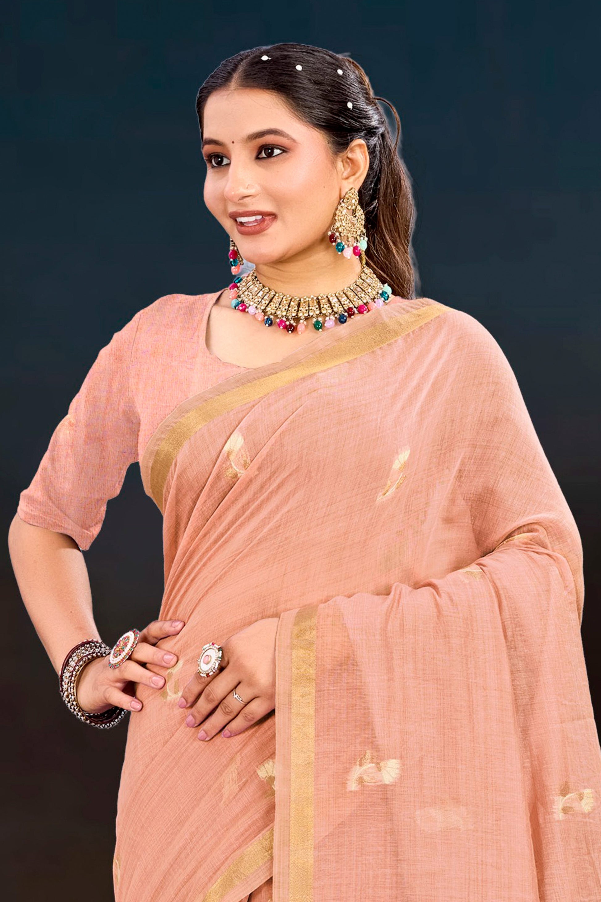 Sangam Prints Peach Cotton Blend Woven Work Traditional Saree