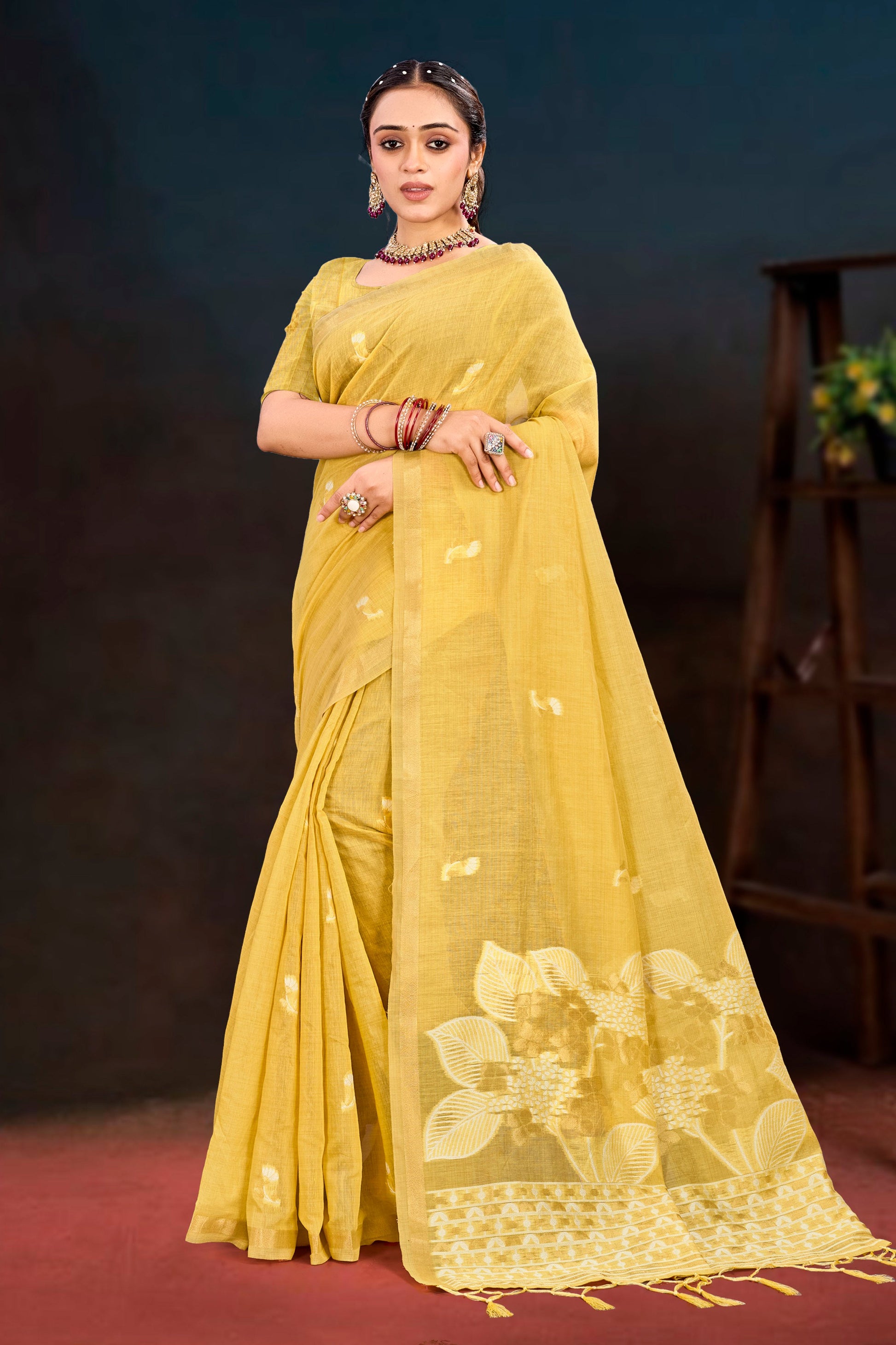 Sangam Prints Yellow Cotton Blend Woven Work Traditional Saree