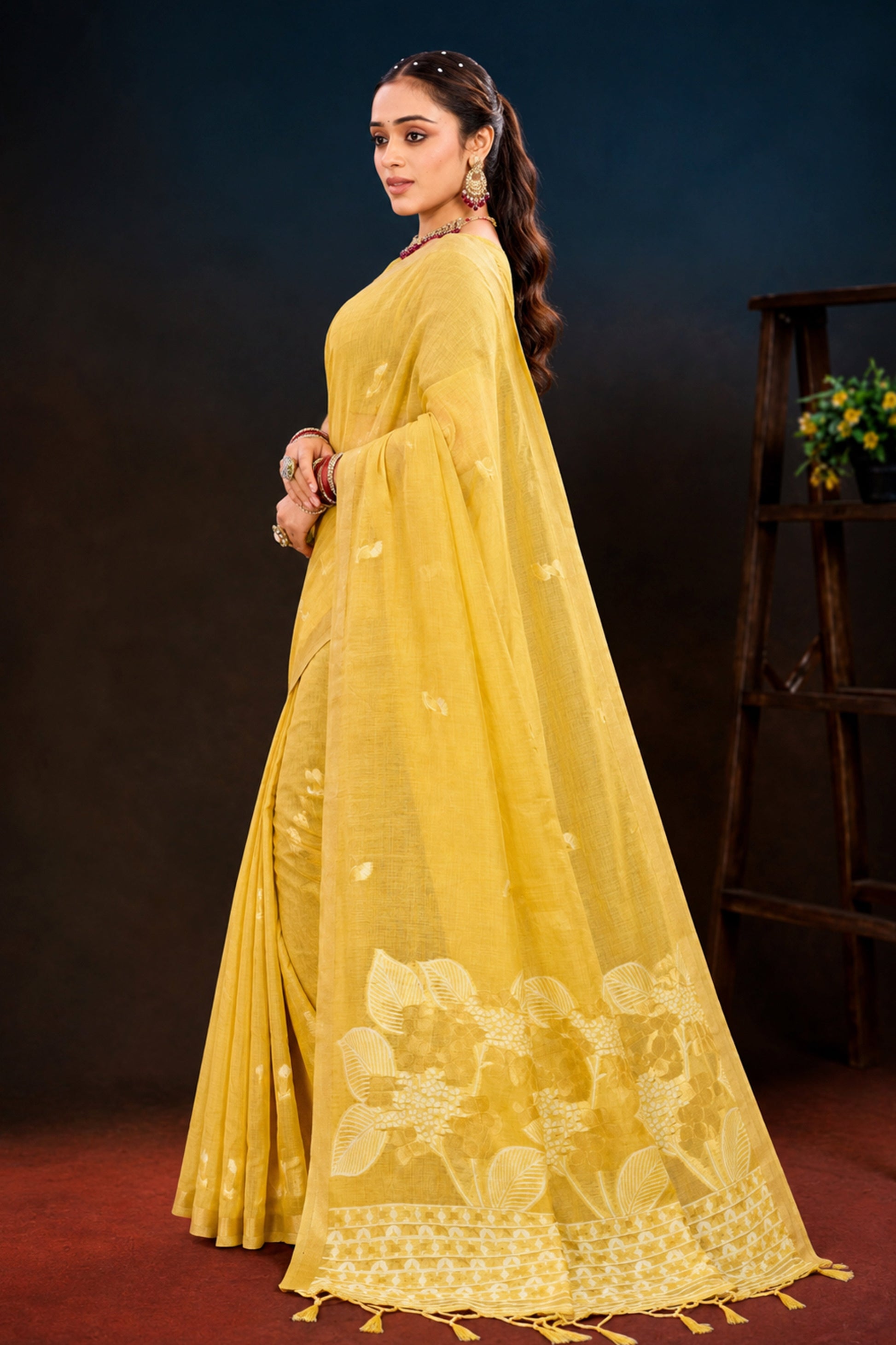 Sangam Prints Yellow Cotton Blend Woven Work Traditional Saree