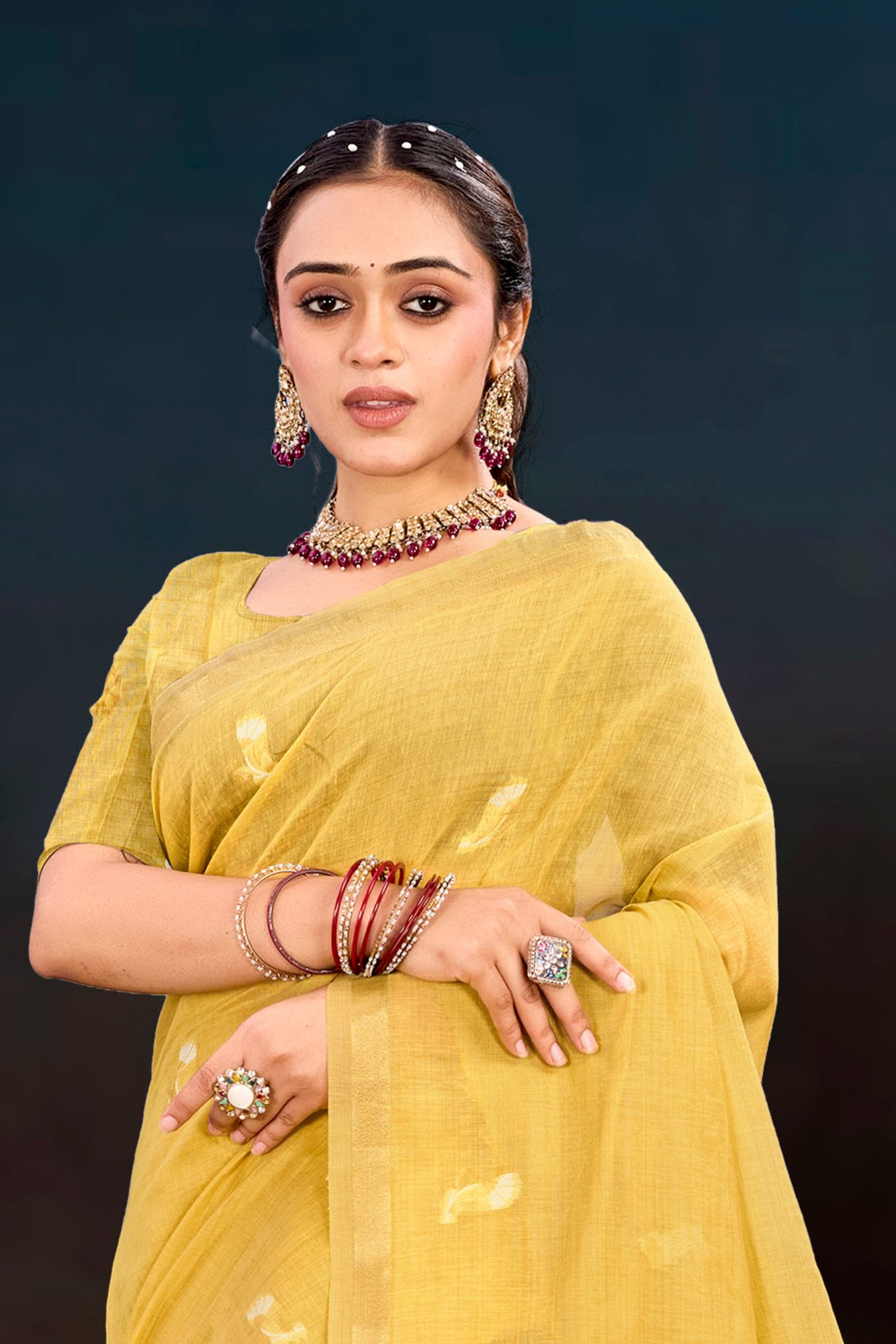 Sangam Prints Yellow Cotton Blend Woven Work Traditional Saree