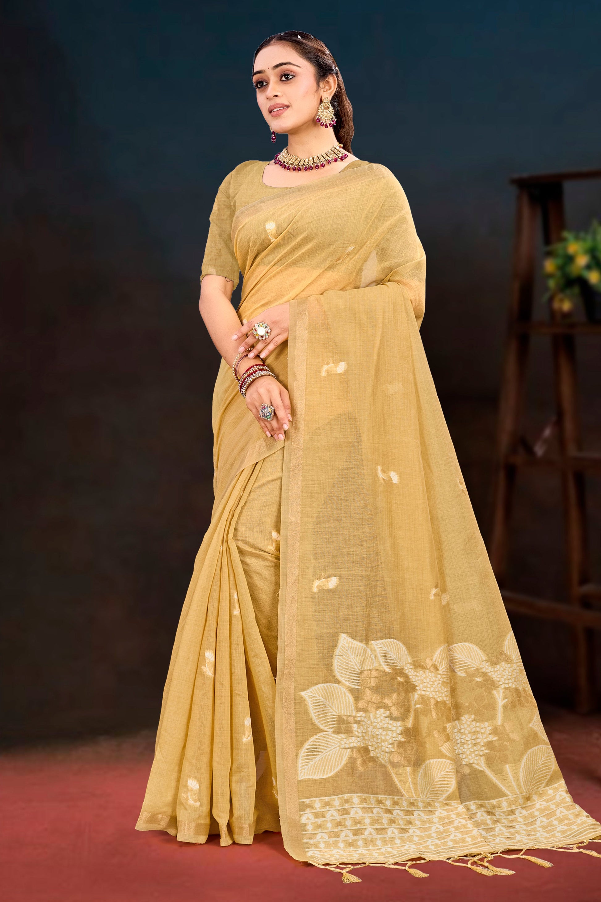 Sangam Prints Beige Gold Cotton Blend Woven Work Traditional Saree