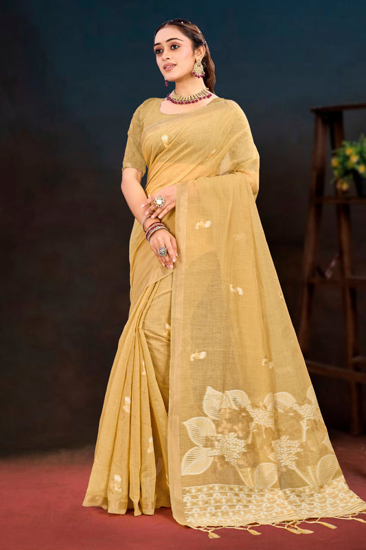 Sangam Prints Beige Gold Cotton Blend Woven Work Traditional Saree