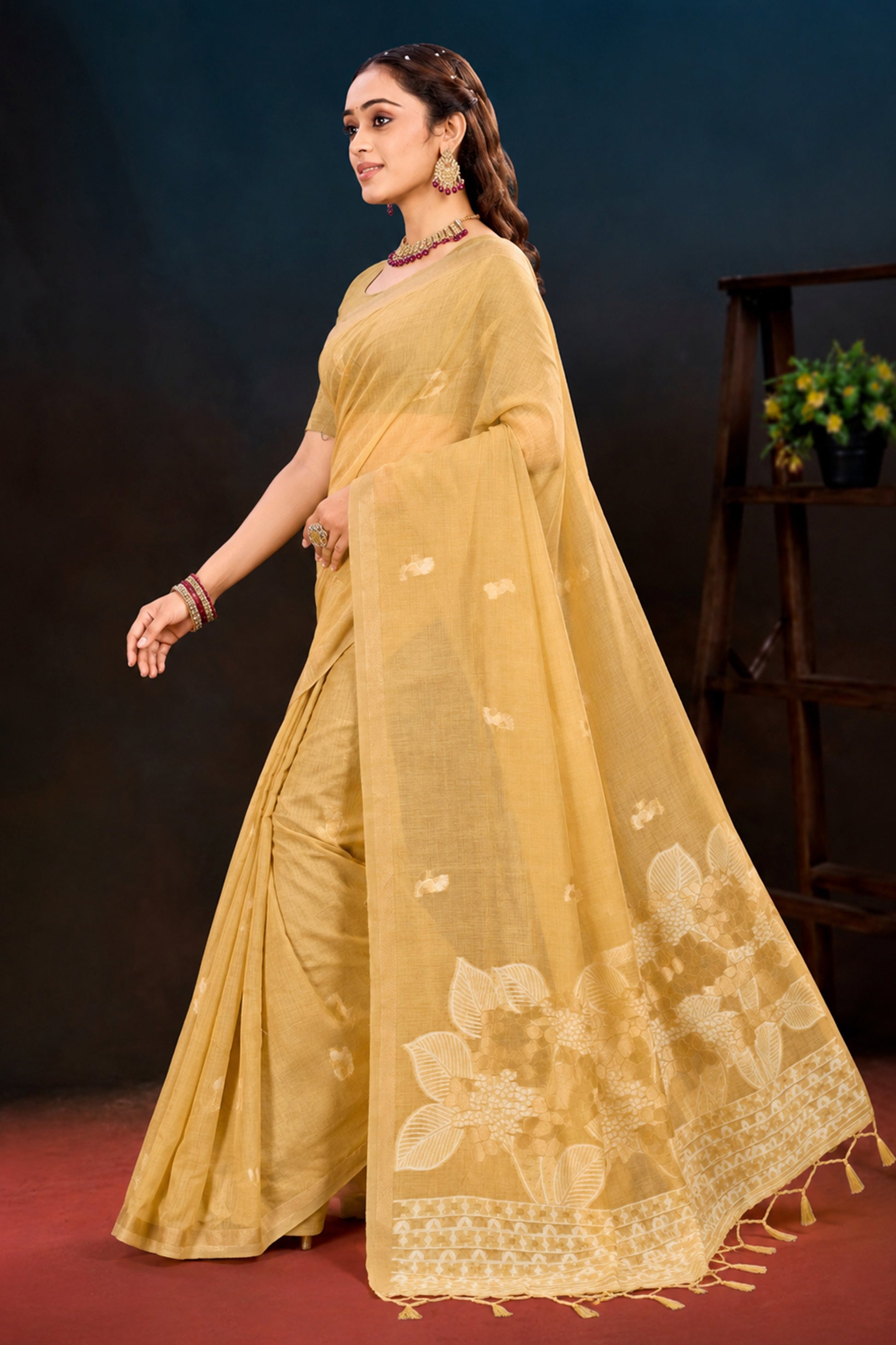 Sangam Prints Beige Gold Cotton Blend Woven Work Traditional Saree