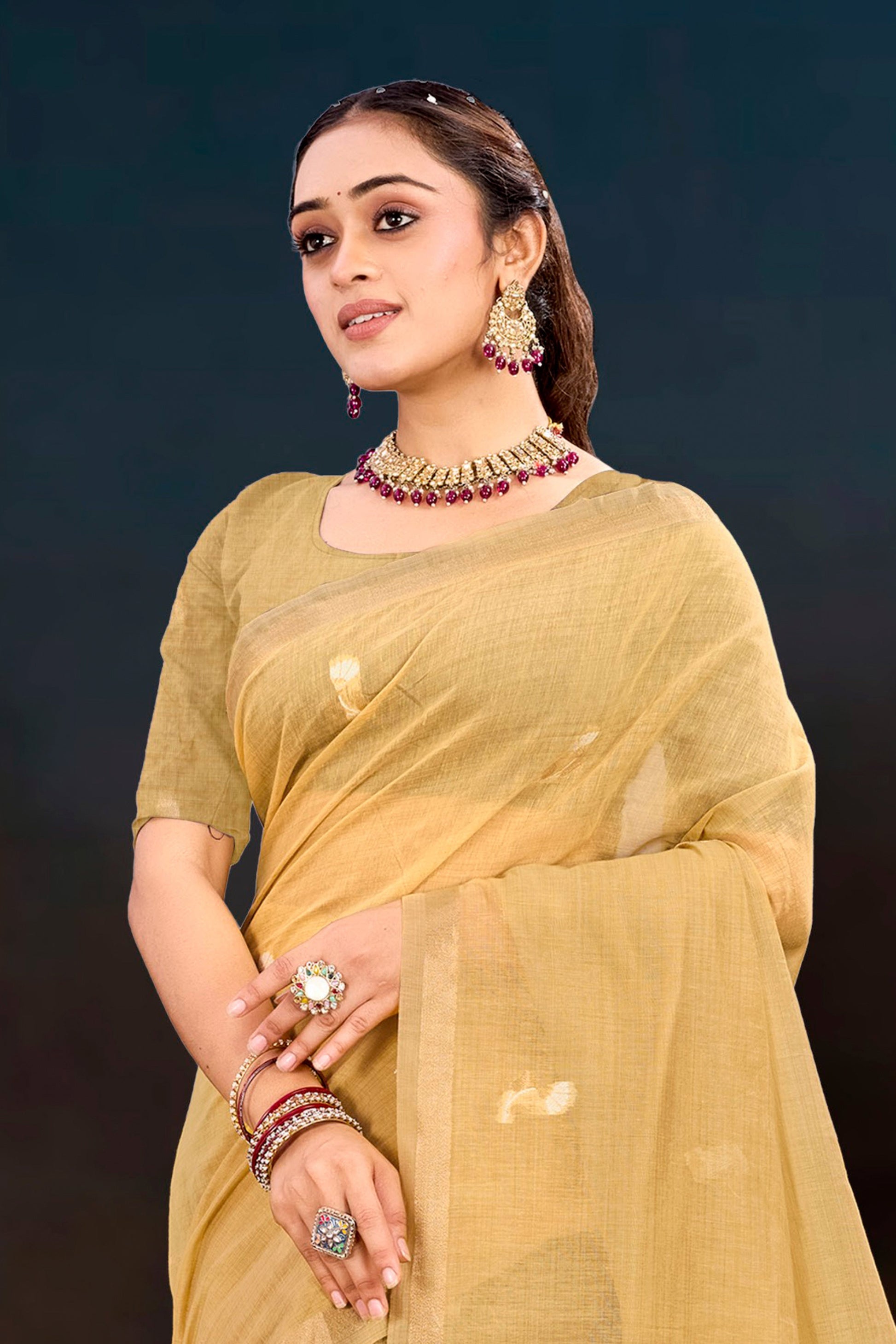 Sangam Prints Beige Gold Cotton Blend Woven Work Traditional Saree