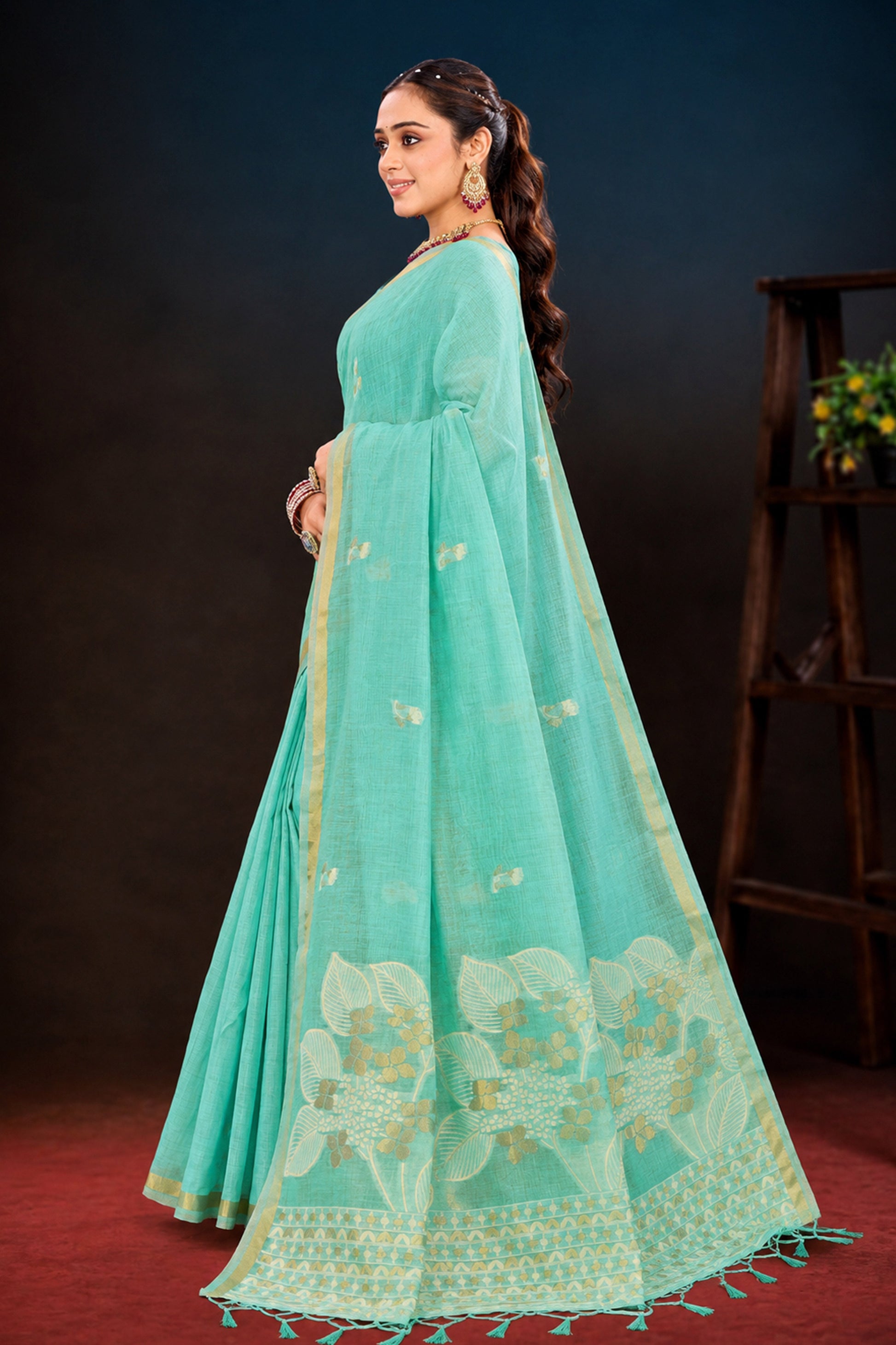 Sangam Prints Aqua Green Cotton Blend Woven Work Traditional Saree