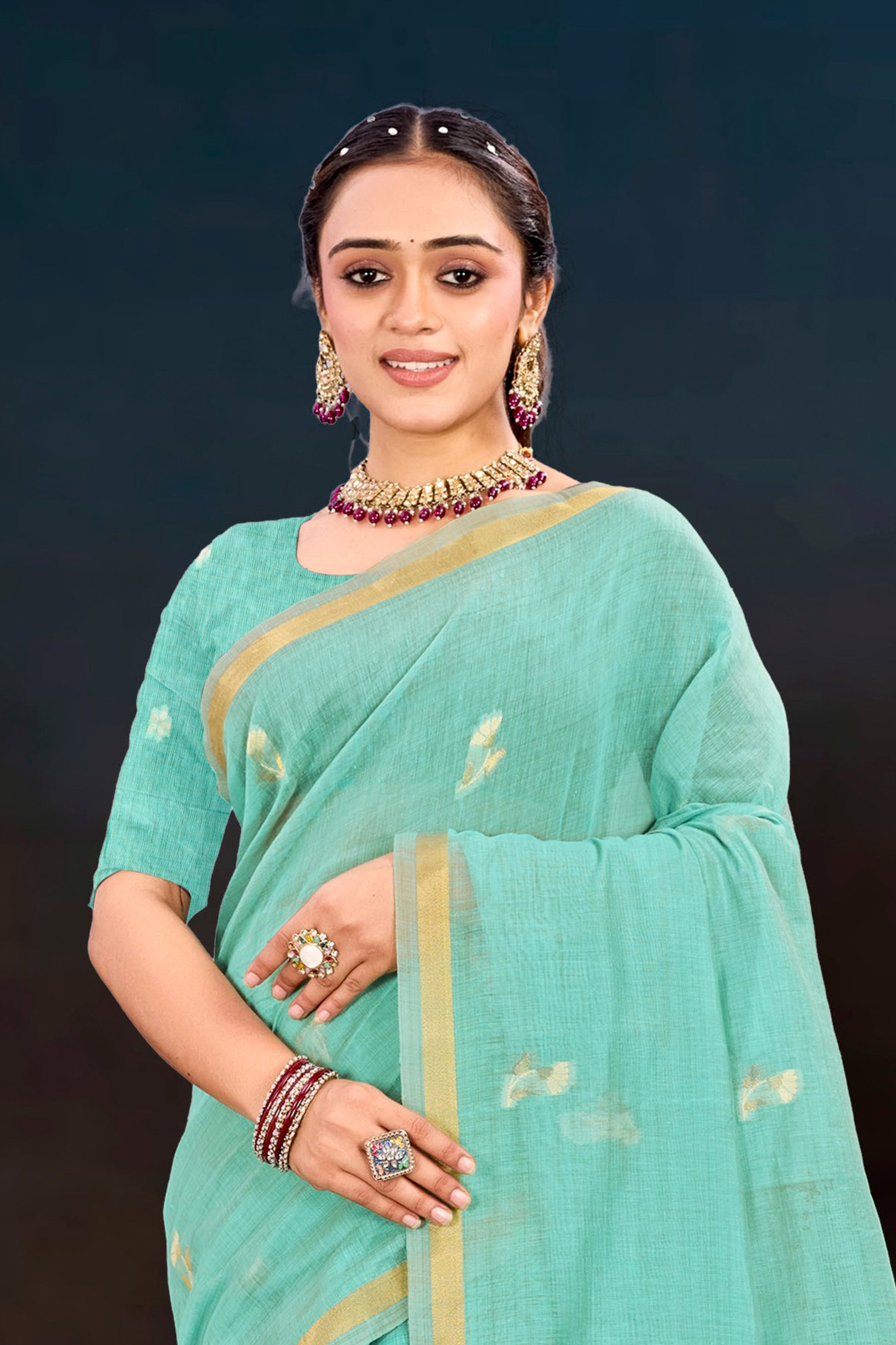 Sangam Prints Aqua Green Cotton Blend Woven Work Traditional Saree