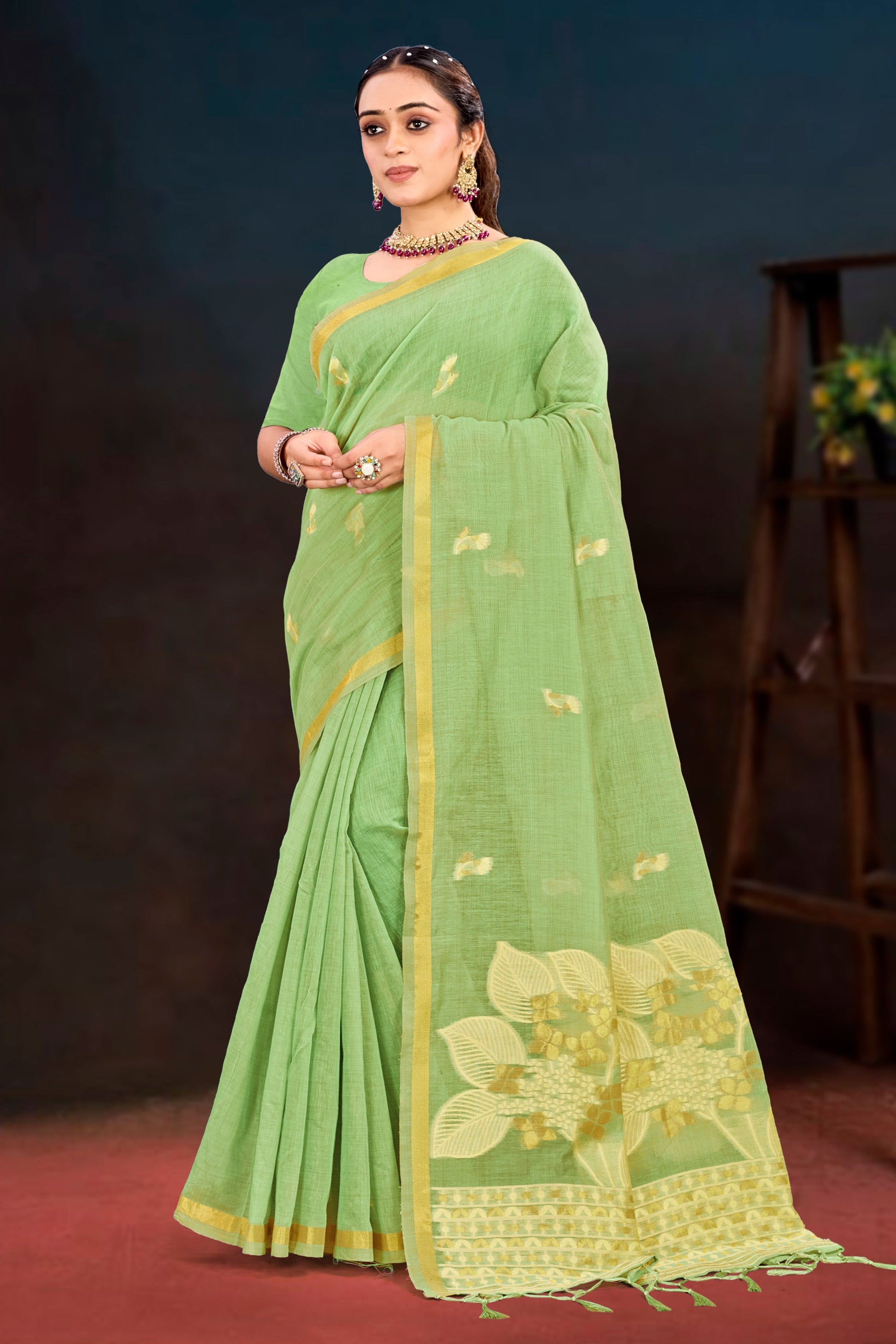 Sangam Prints Pista Green Cotton Blend Woven Work Traditional Saree