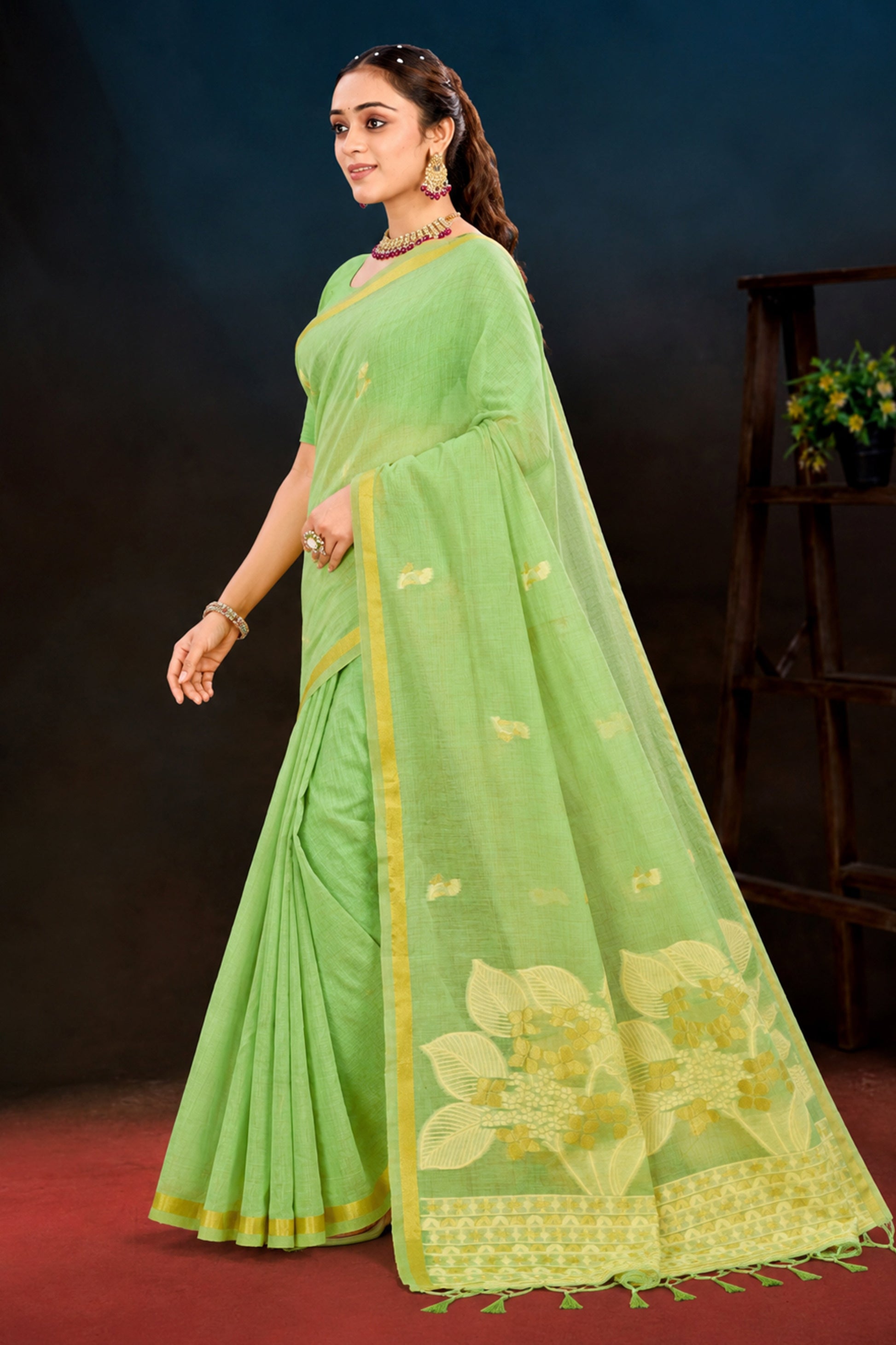 Sangam Prints Pista Green Cotton Blend Woven Work Traditional Saree