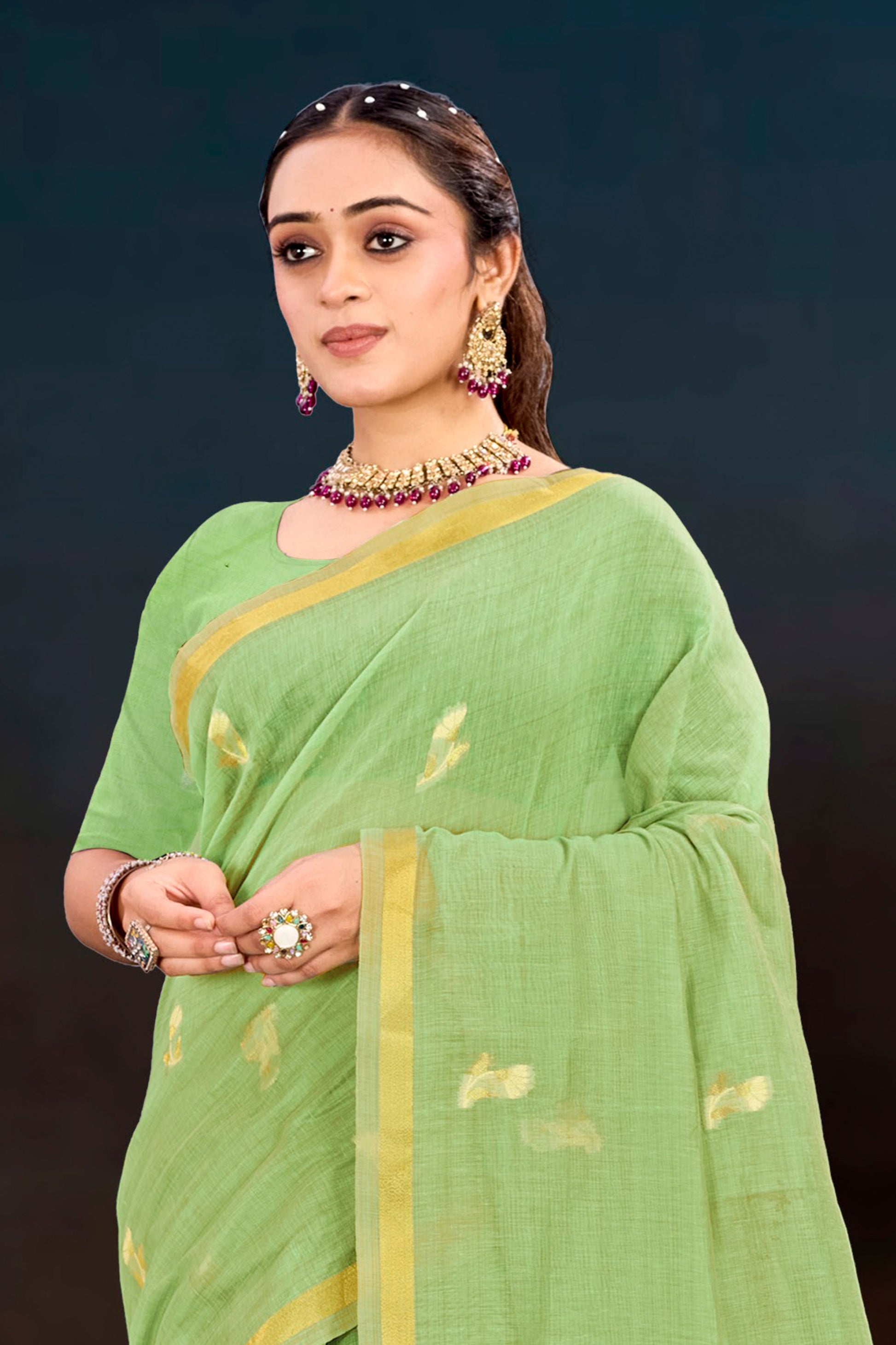 Sangam Prints Pista Green Cotton Blend Woven Work Traditional Saree