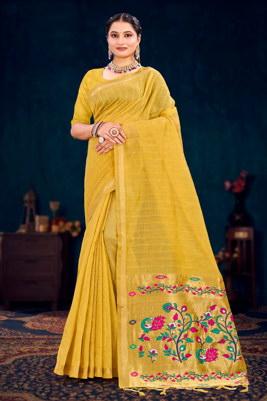 Sangam Prints Mustard Yellow Cotton Blend Woven Work Traditional Saree