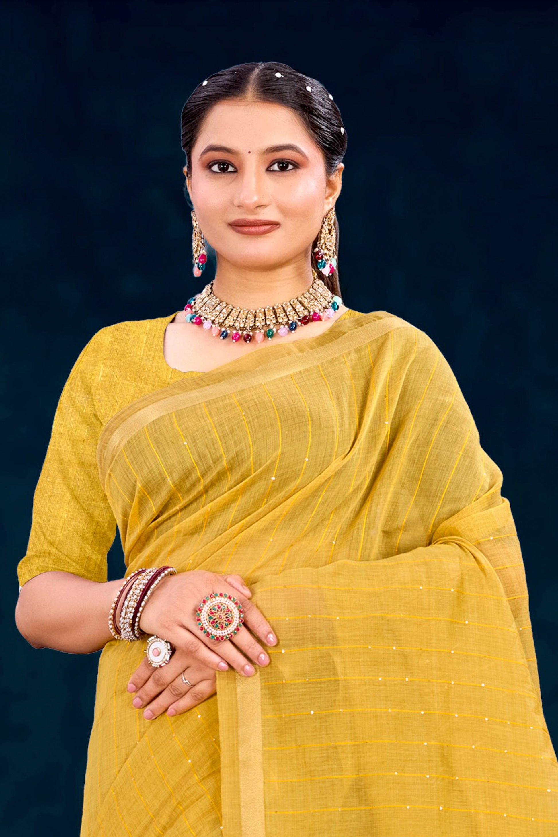 Sangam Prints Mustard Yellow Cotton Blend Woven Work Traditional Saree