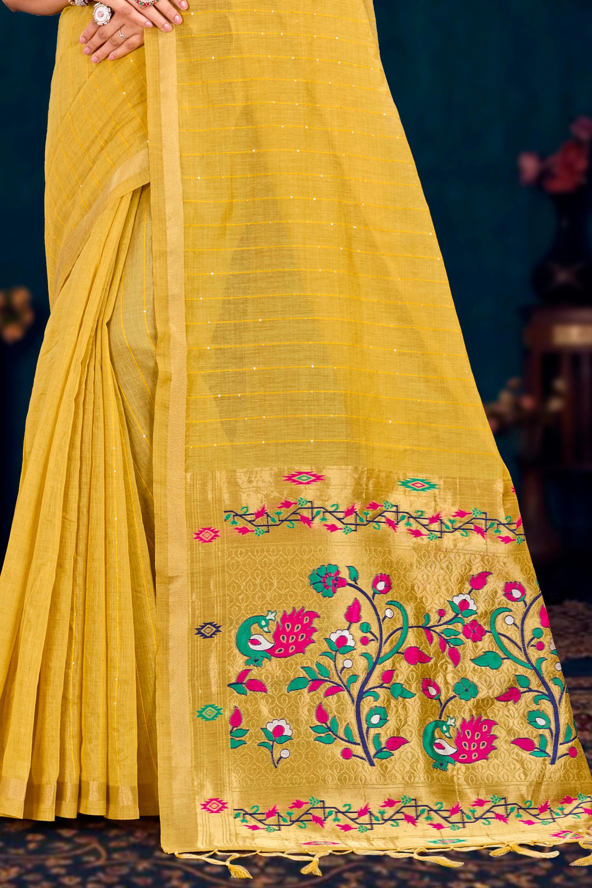 Sangam Prints Mustard Yellow Cotton Blend Woven Work Traditional Saree