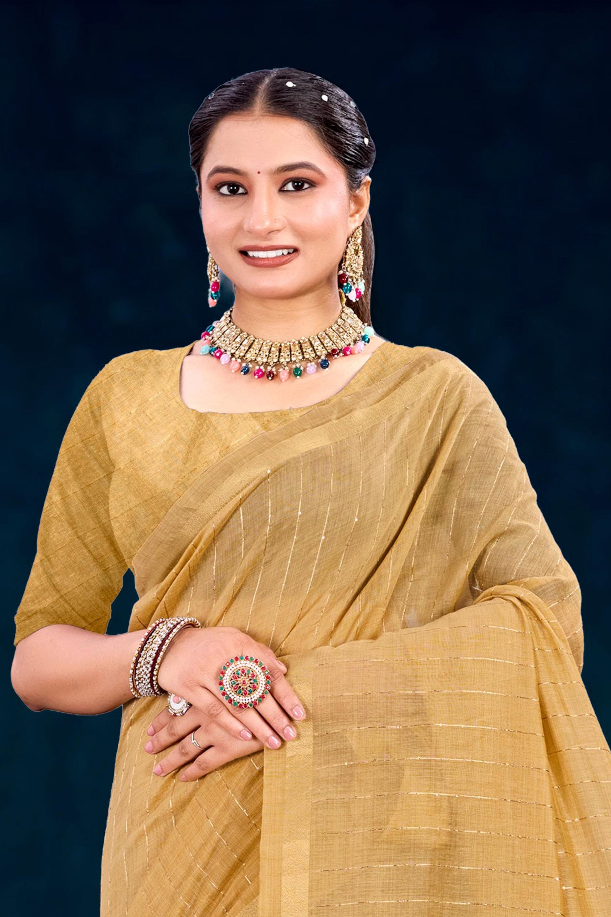 Sangam Prints Beige Gold Cotton Blend Woven Work Traditional Saree