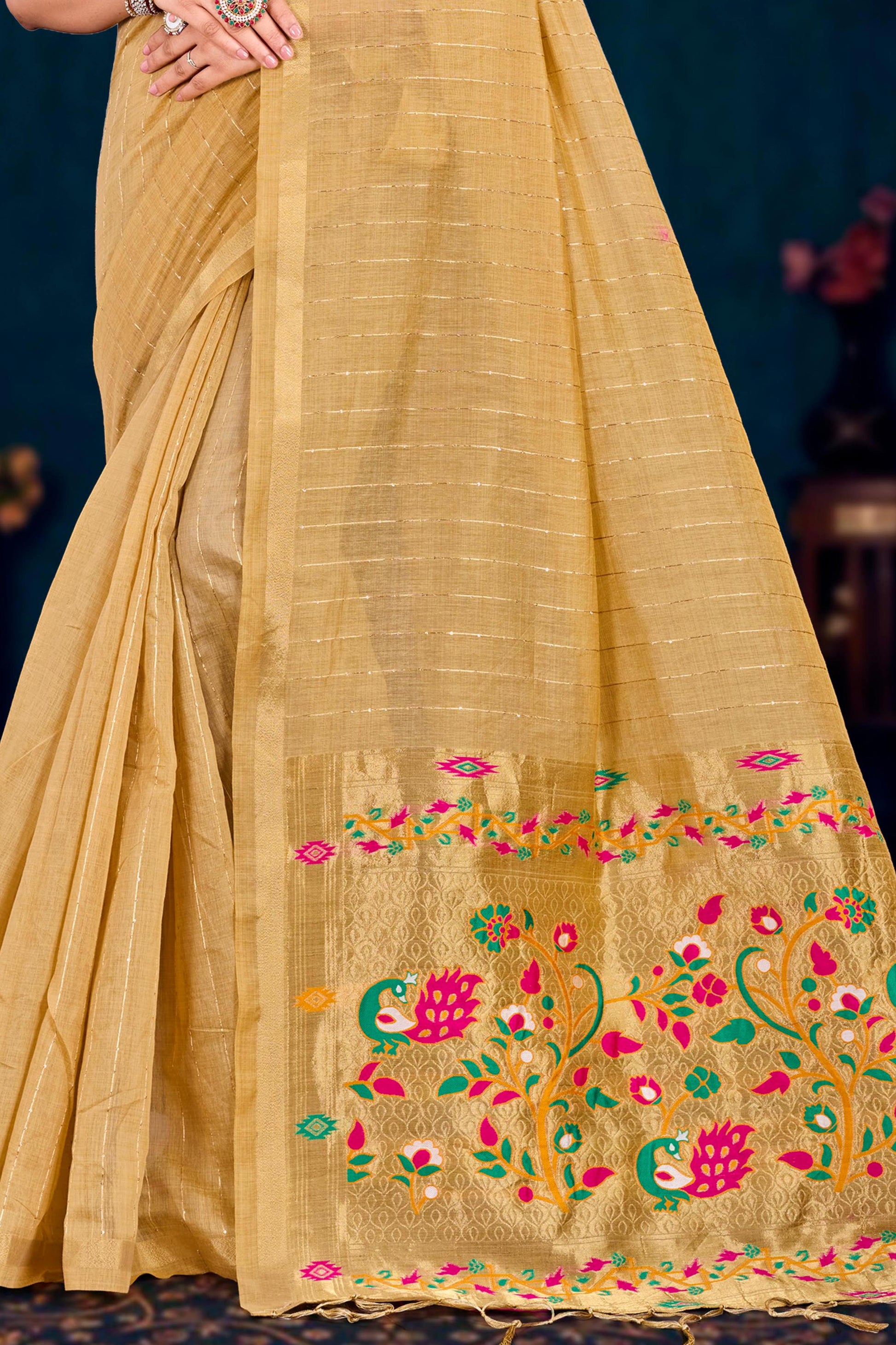 Sangam Prints Beige Gold Cotton Blend Woven Work Traditional Saree