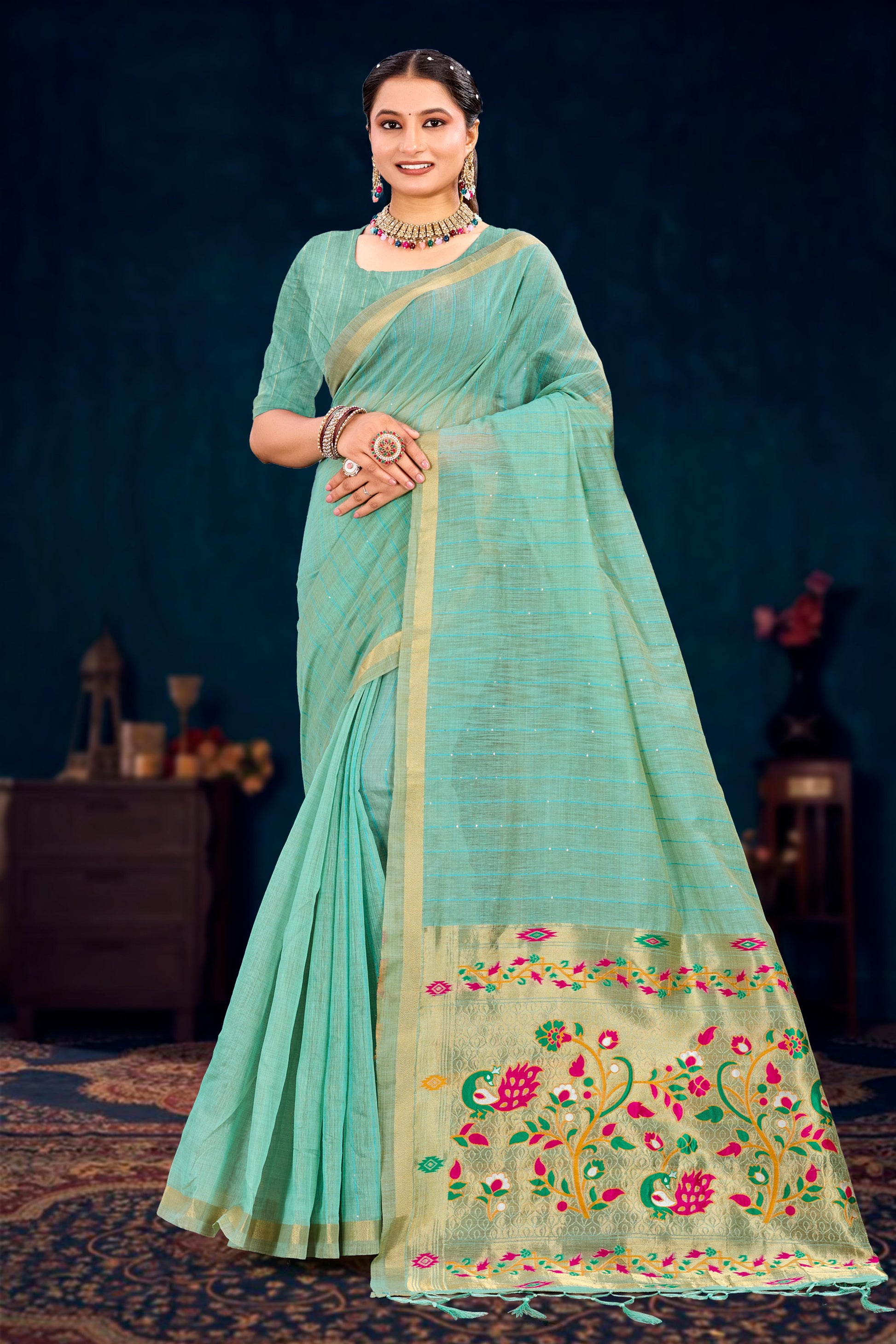 Sangam Prints Aqua Green Cotton Blend Woven Work Traditional Saree