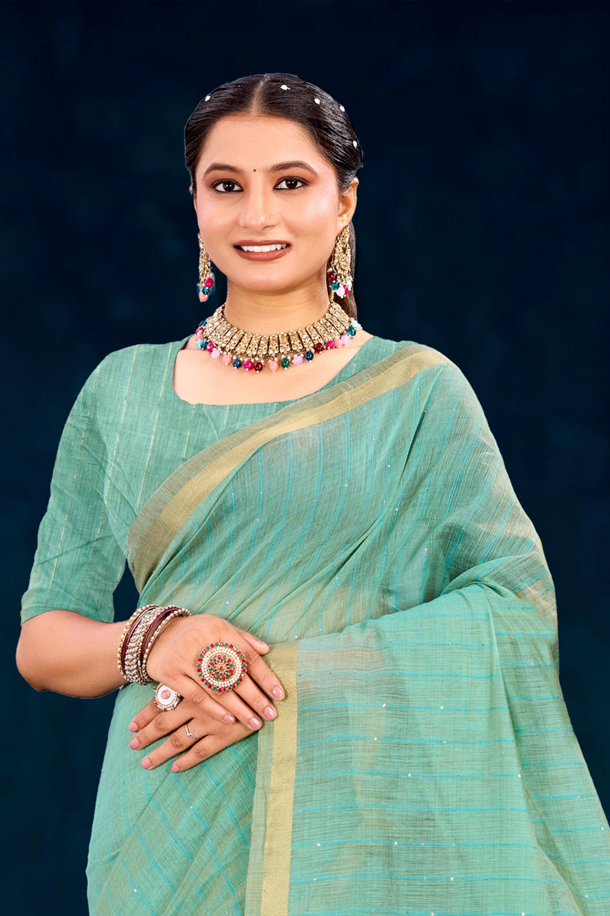 Sangam Prints Aqua Green Cotton Blend Woven Work Traditional Saree