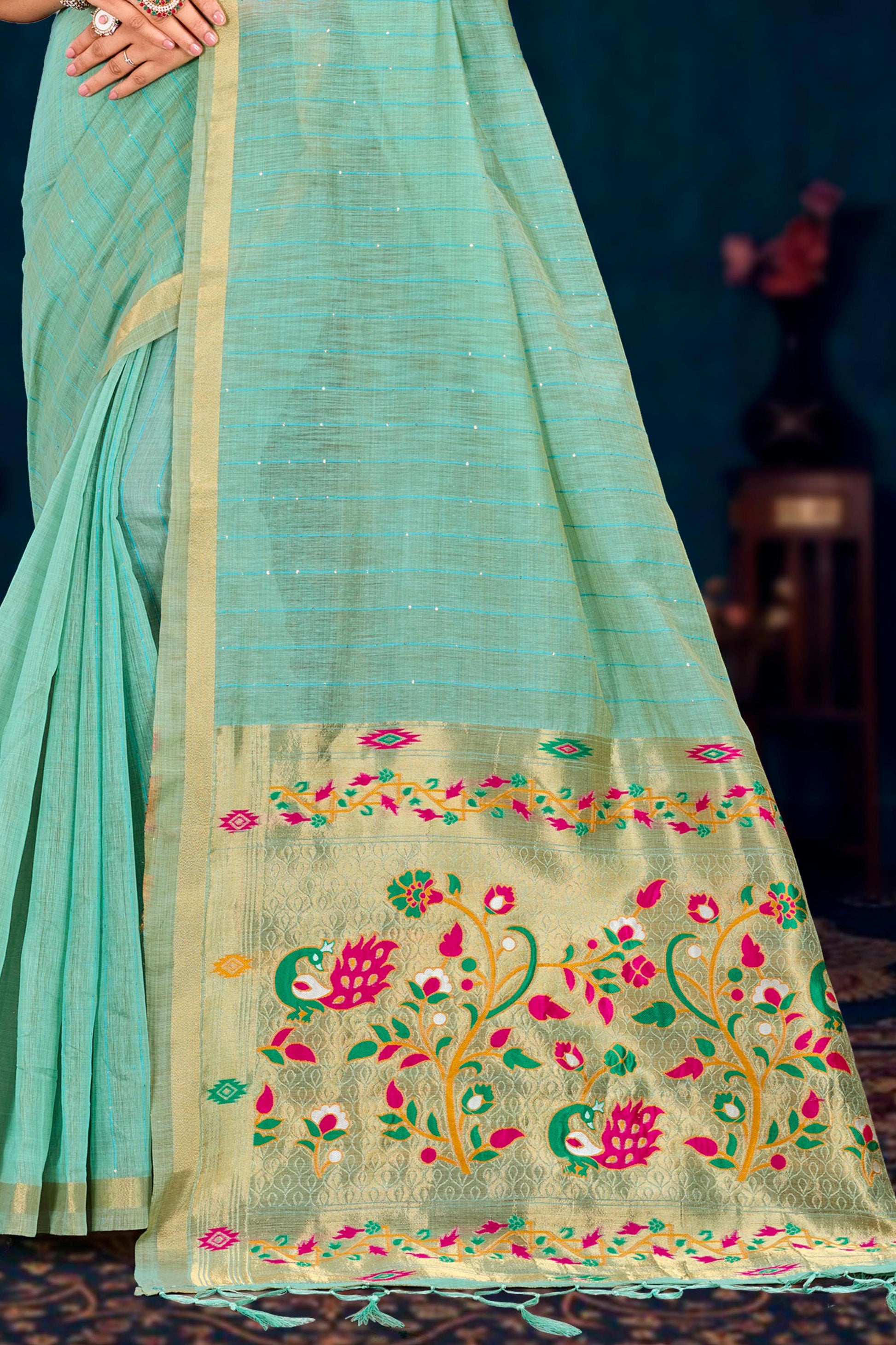 Sangam Prints Aqua Green Cotton Blend Woven Work Traditional Saree
