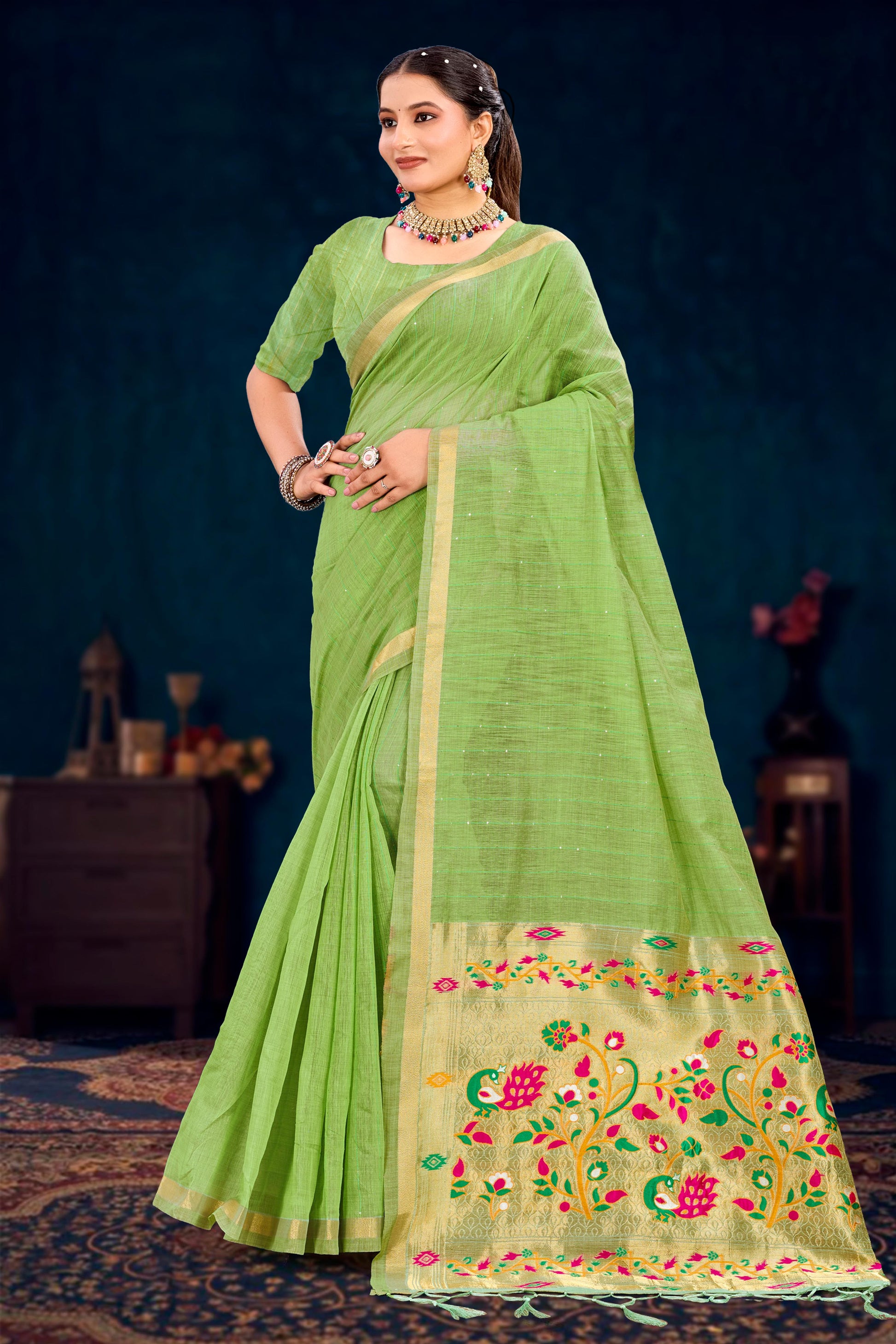 Sangam Prints Parrot Green Cotton Blend Woven Work Traditional Saree