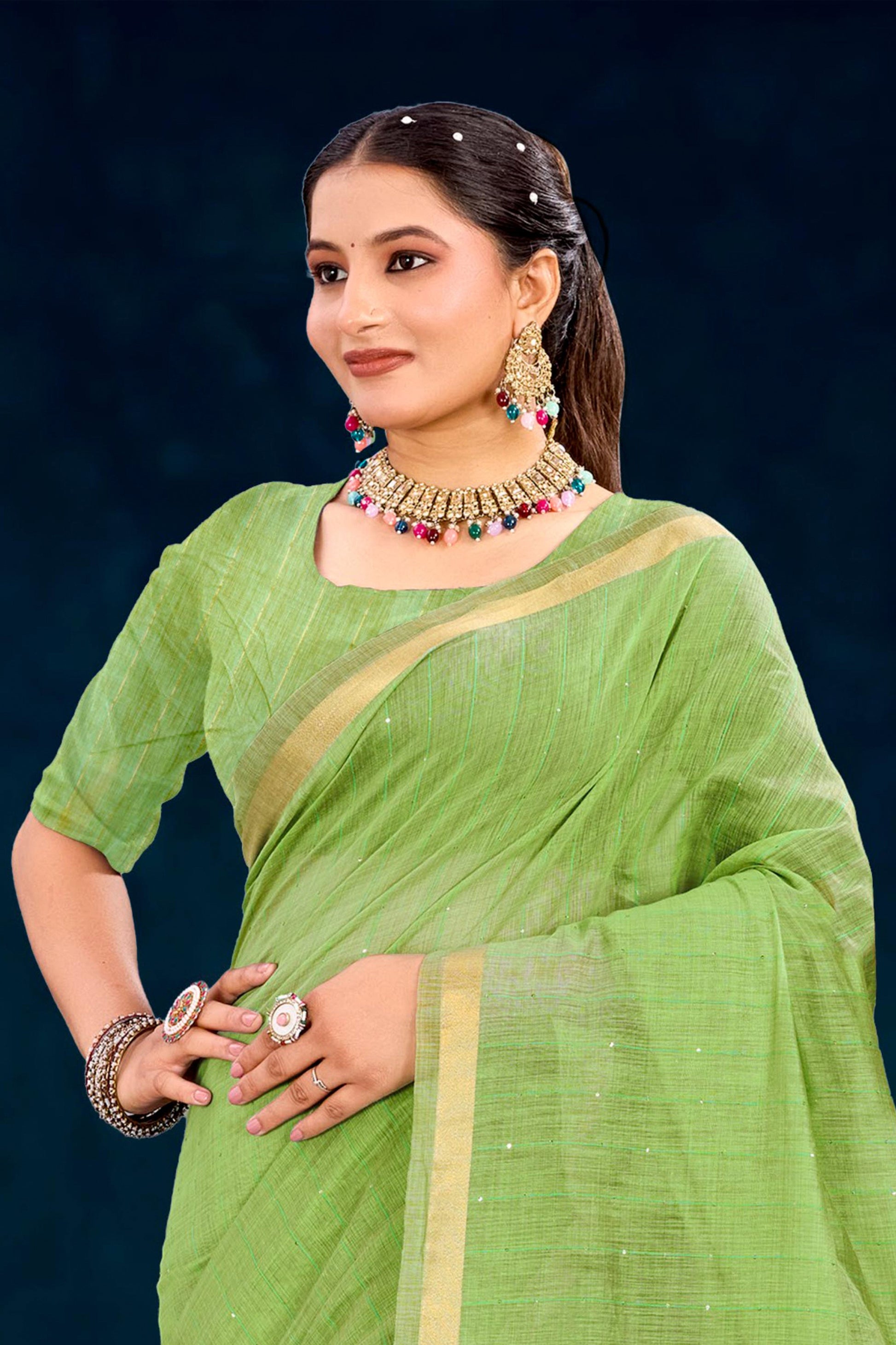 Sangam Prints Parrot Green Cotton Blend Woven Work Traditional Saree