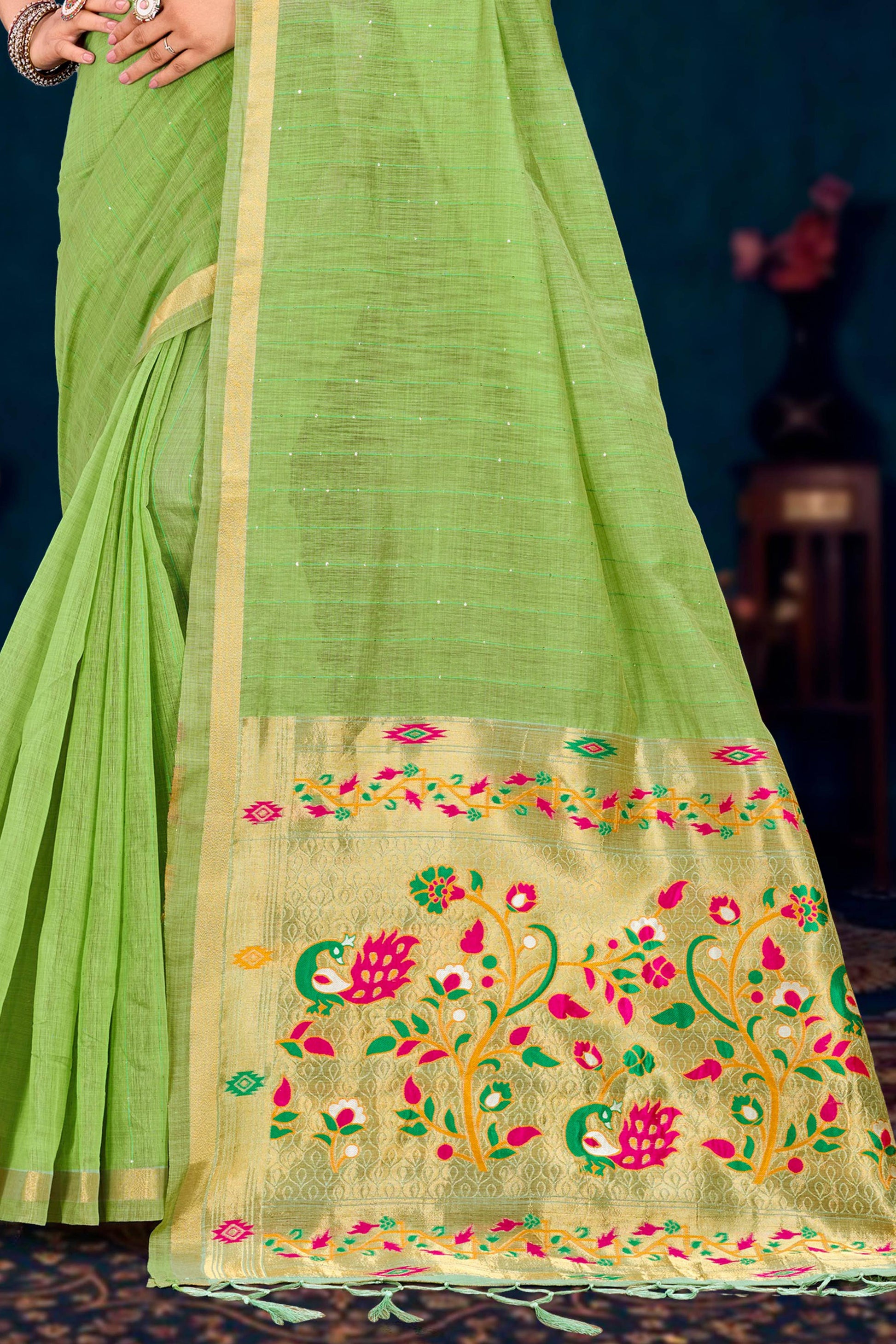 Sangam Prints Parrot Green Cotton Blend Woven Work Traditional Saree