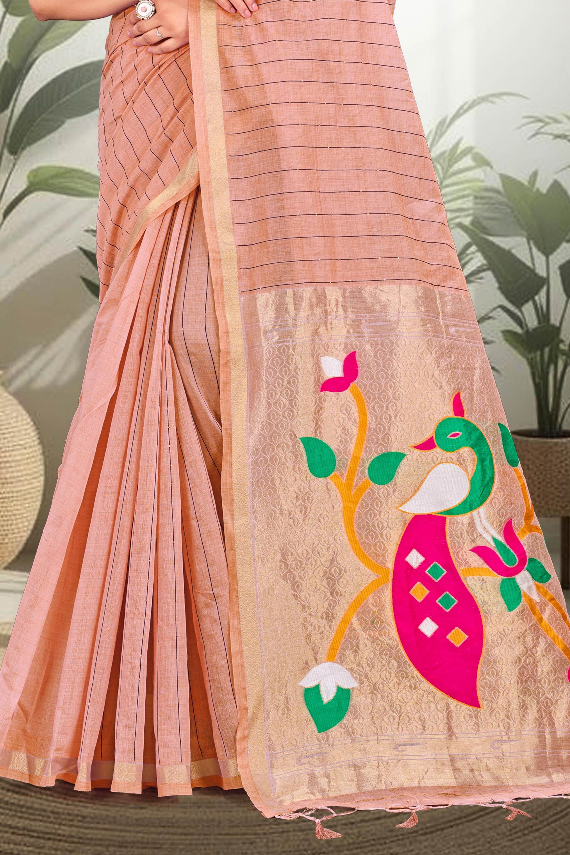 Sangam Prints Coral Peach Cotton Blend Woven Work Traditional Saree