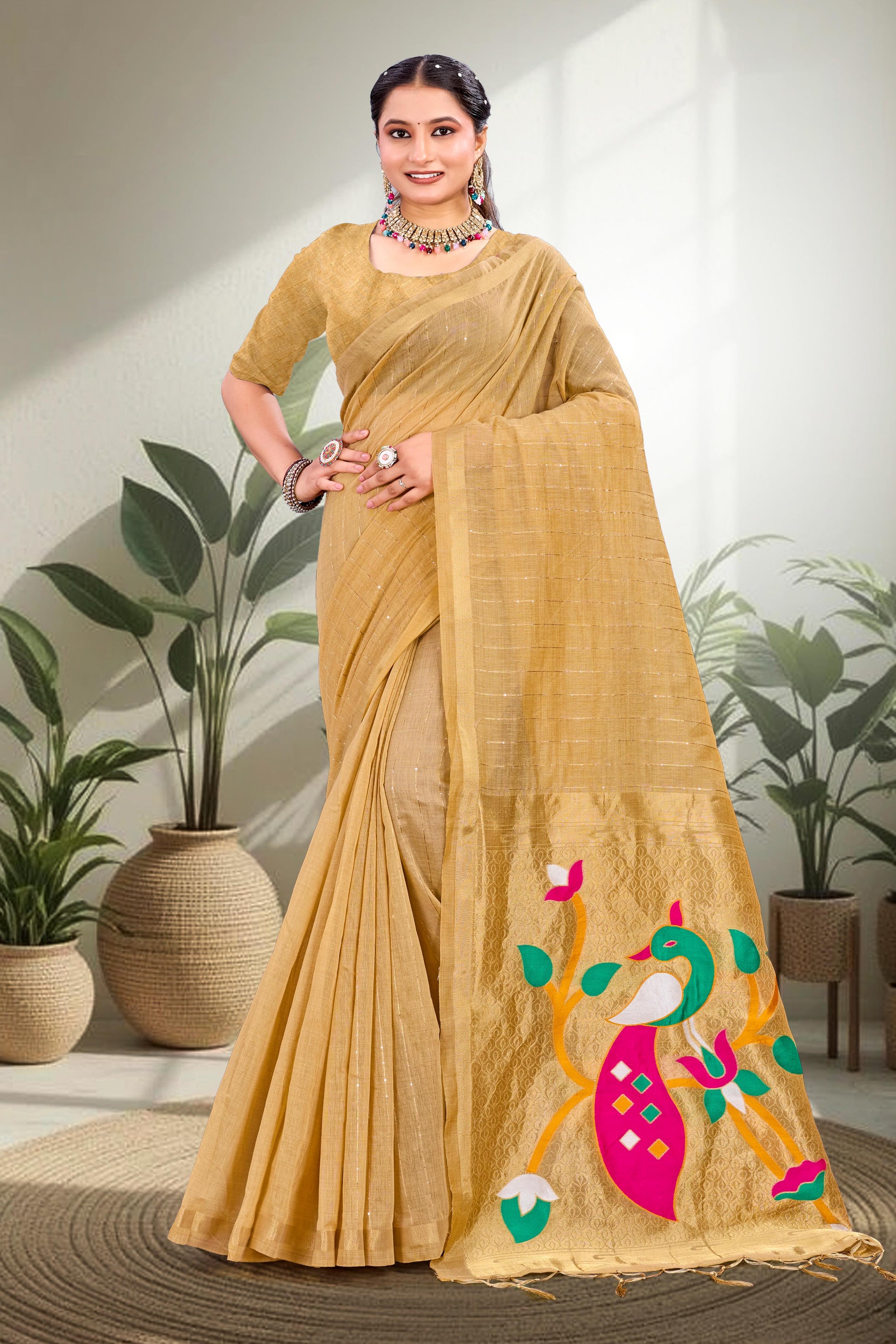 Sangam Prints Mustard Gold Cotton Blend Woven Work Traditional Saree