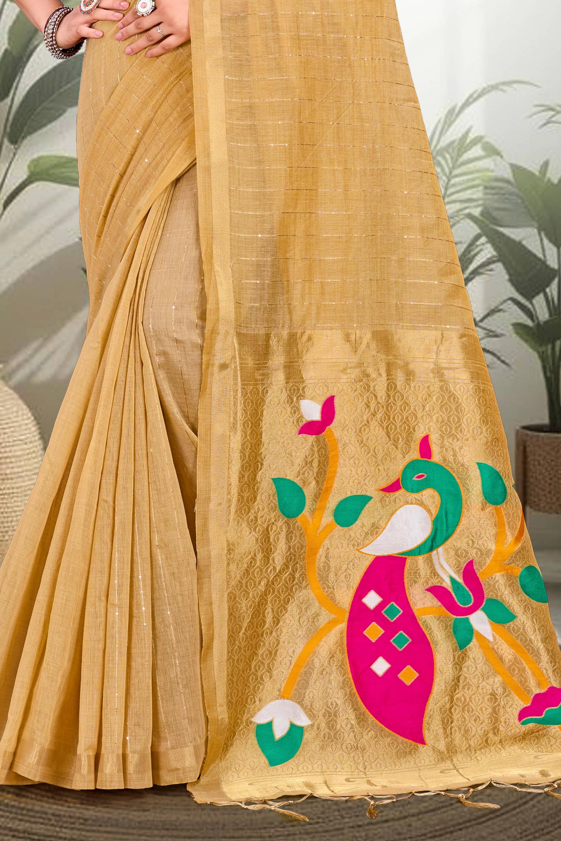 Sangam Prints Mustard Gold Cotton Blend Woven Work Traditional Saree