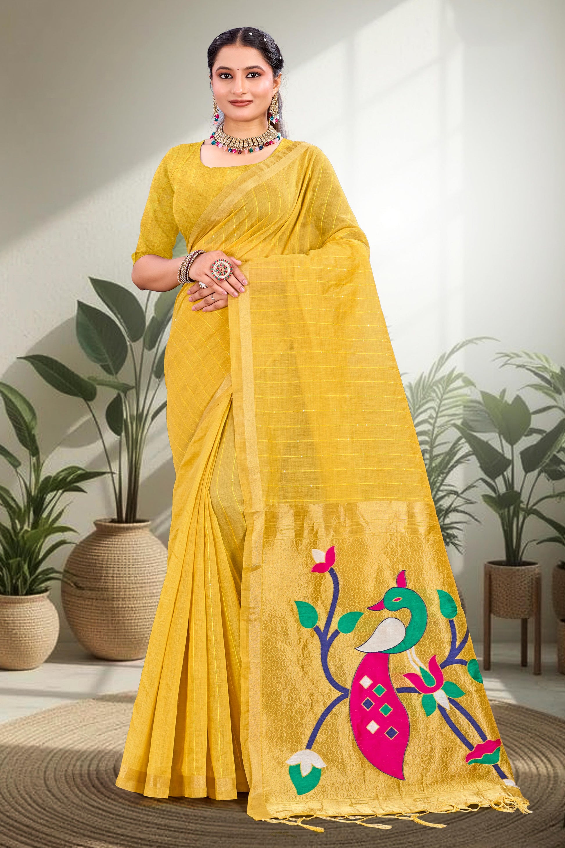 Sangam Prints Mustard Yellow Cotton Blend Woven Work Traditional Saree