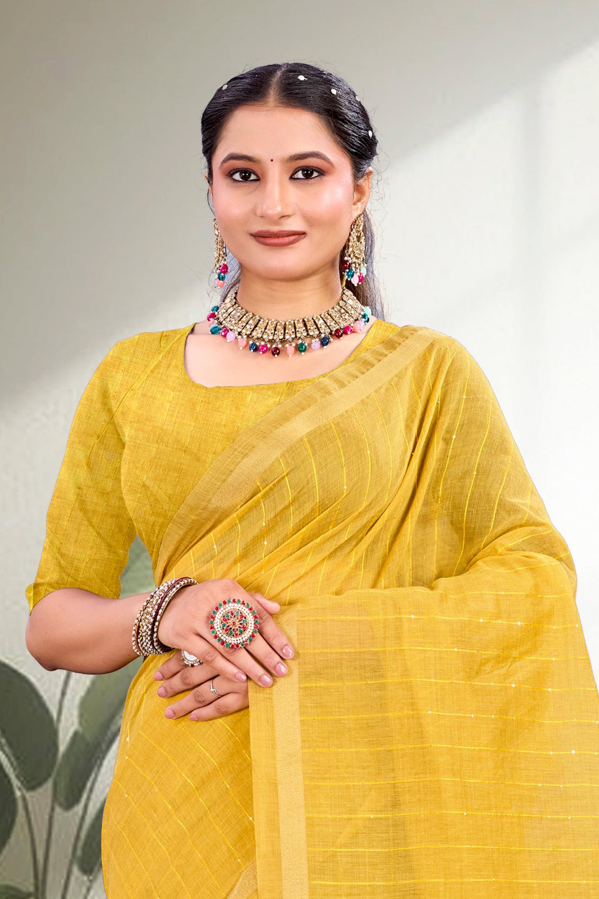 Sangam Prints Mustard Yellow Cotton Blend Woven Work Traditional Saree