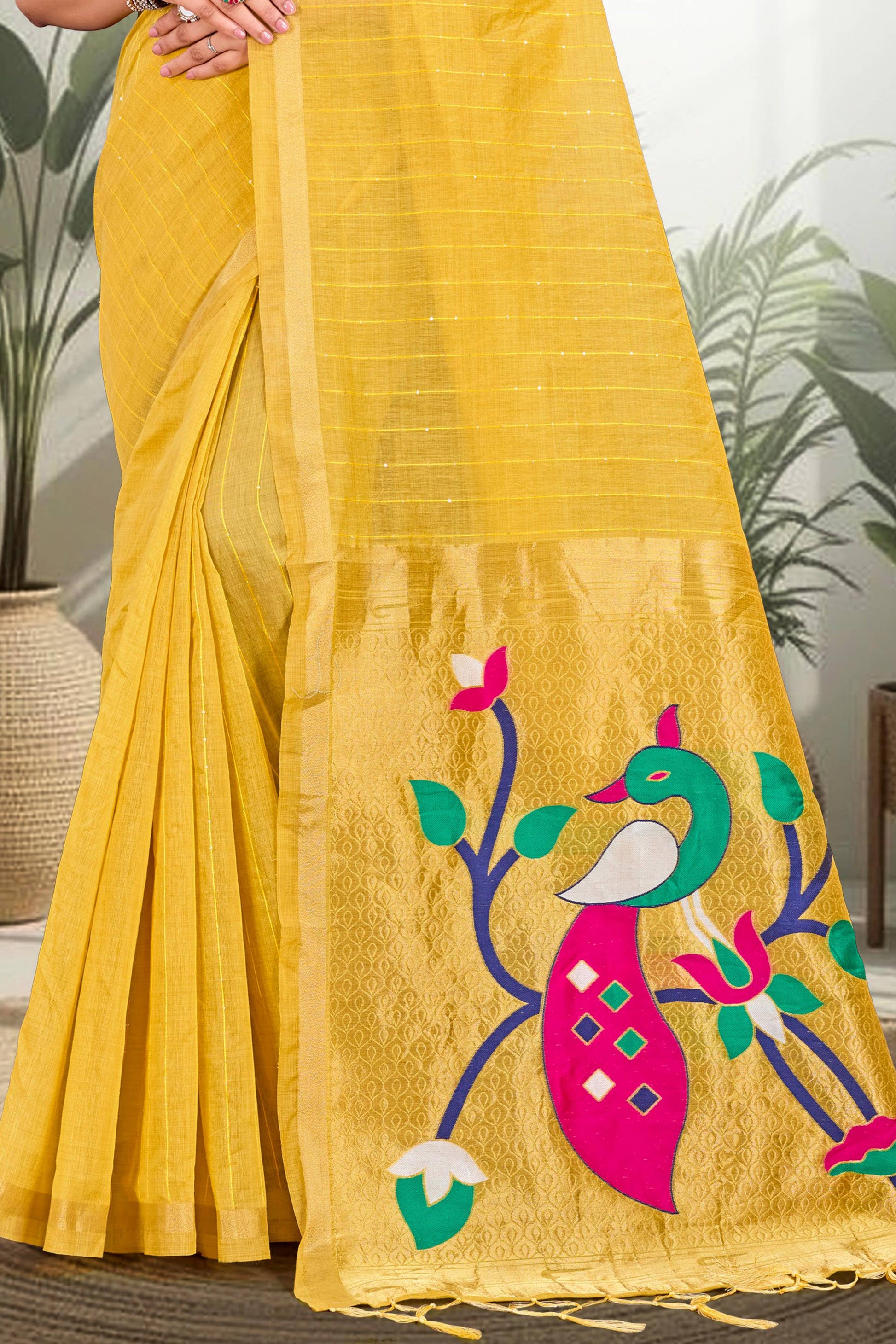 Sangam Prints Mustard Yellow Cotton Blend Woven Work Traditional Saree