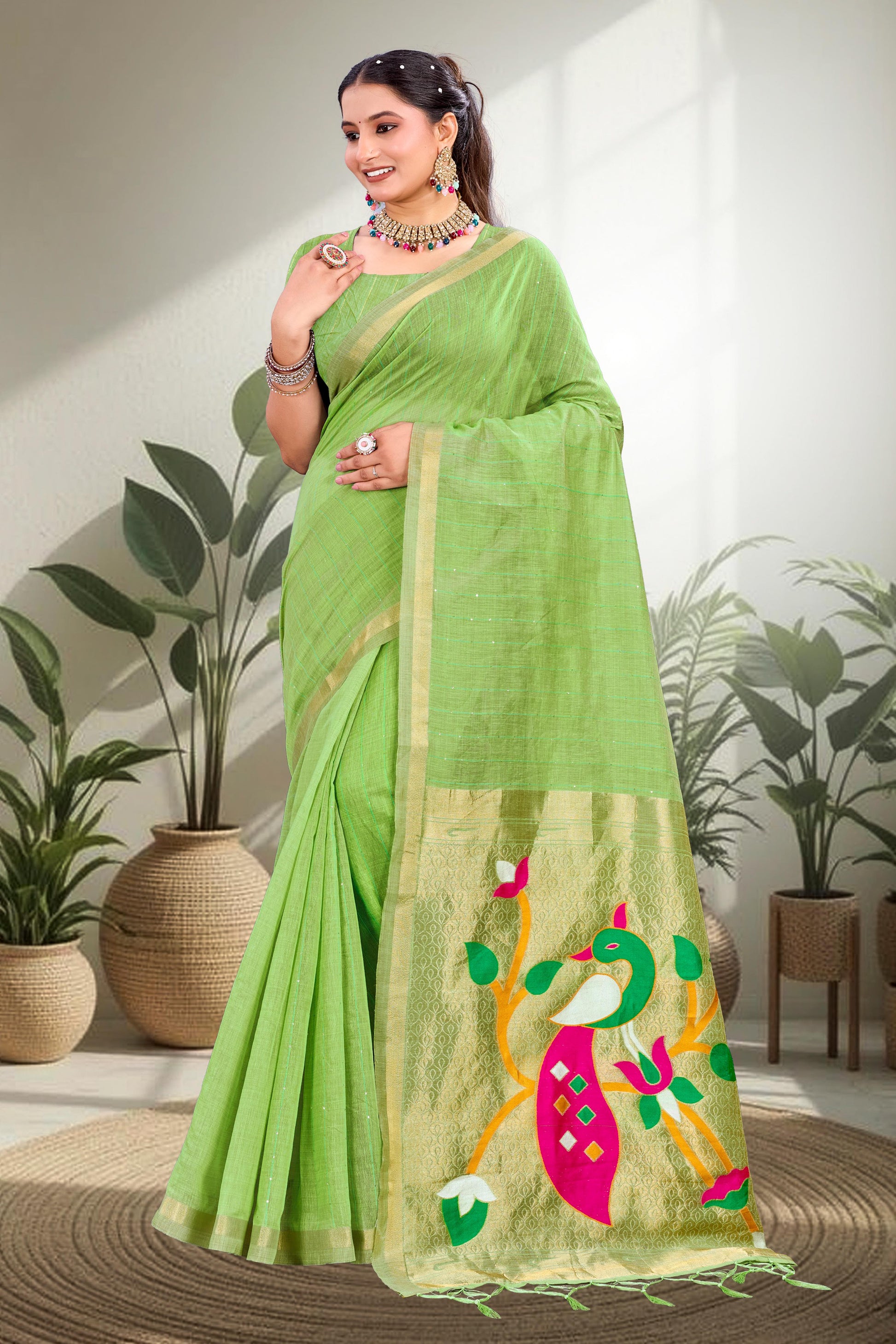 Sangam Prints Parrot Green Cotton Blend Woven Work Traditional Saree