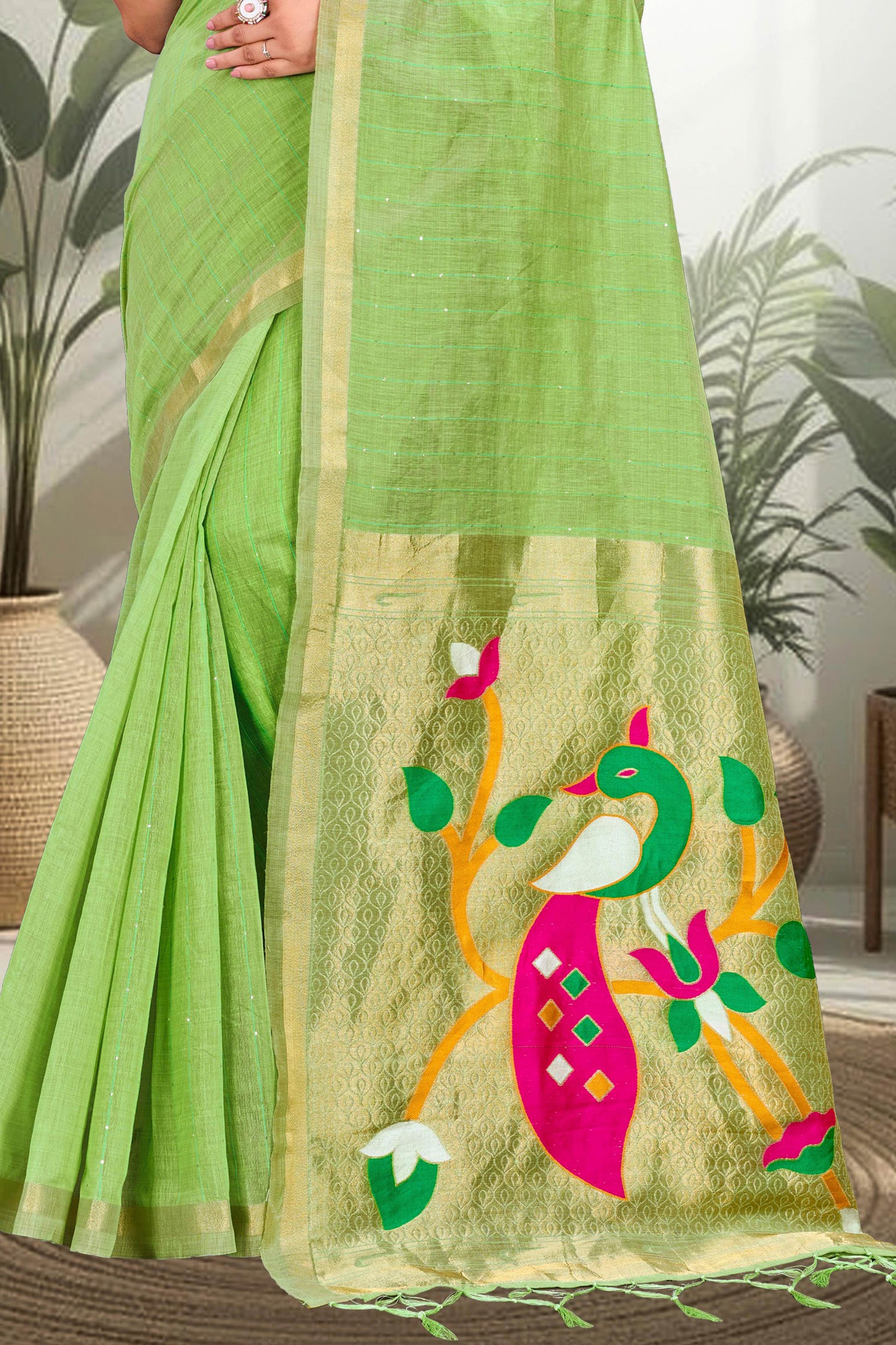 Sangam Prints Parrot Green Cotton Blend Woven Work Traditional Saree
