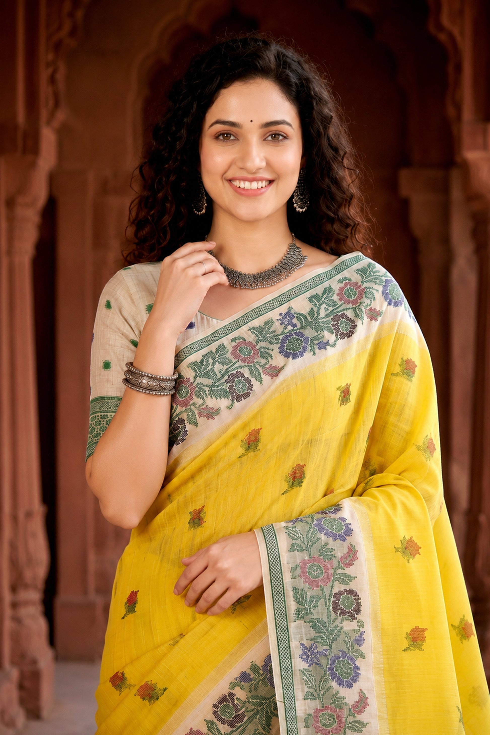 Sangam Prints Haldi Yellow Cotton Blend Woven Work Traditional Saree