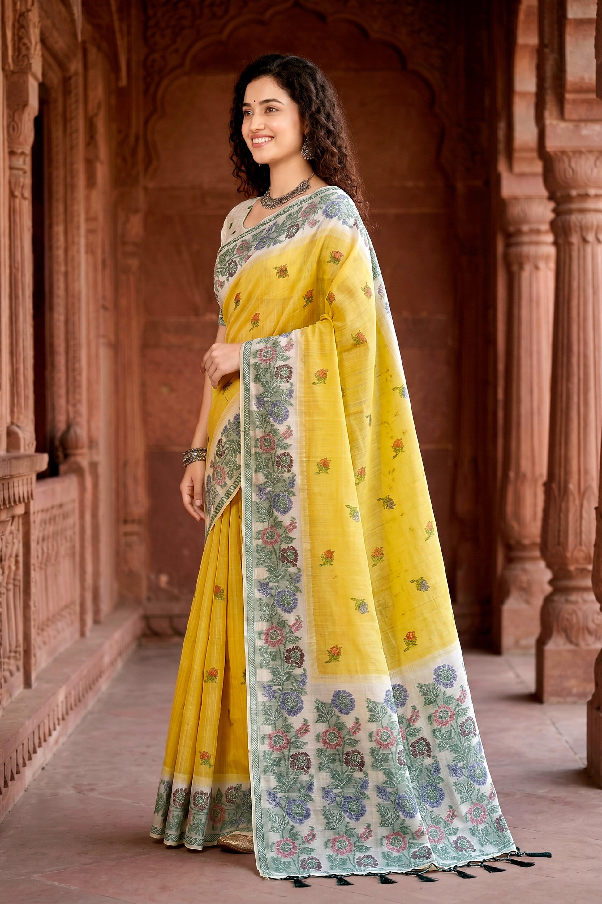 Sangam Prints Haldi Yellow Cotton Blend Woven Work Traditional Saree